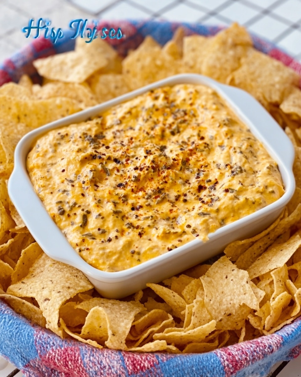 A white rectangular dish filled with a creamy orange dip topped with black pepper flakes and herbs, placed in the center of a round basket. Surrounding the dish are many light, crispy, pale yellow and tan tortilla chips with a slightly rough texture. The basket is on a white marbled surface with a faint grid pattern, and the background includes a blurred blue and red checkered cloth. photo taken with an iphone --ar 4:5 --v 7