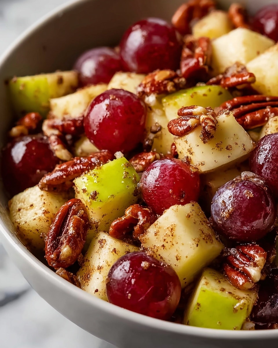 A close-up view of a mixed fruit and nut salad in a white bowl placed on a white marbled surface. The salad shows layers of deep red grapes with shiny skin, light yellow and green apple chunks with a smooth texture, and shiny, brown pecans scattered evenly throughout. The fruits and nuts are coated in a light layer of dark cinnamon or spice powder, giving a warm contrast to the colors. The texture looks fresh and slightly glossy from the coating. Photo taken with an iphone --ar 4:5 --v 7