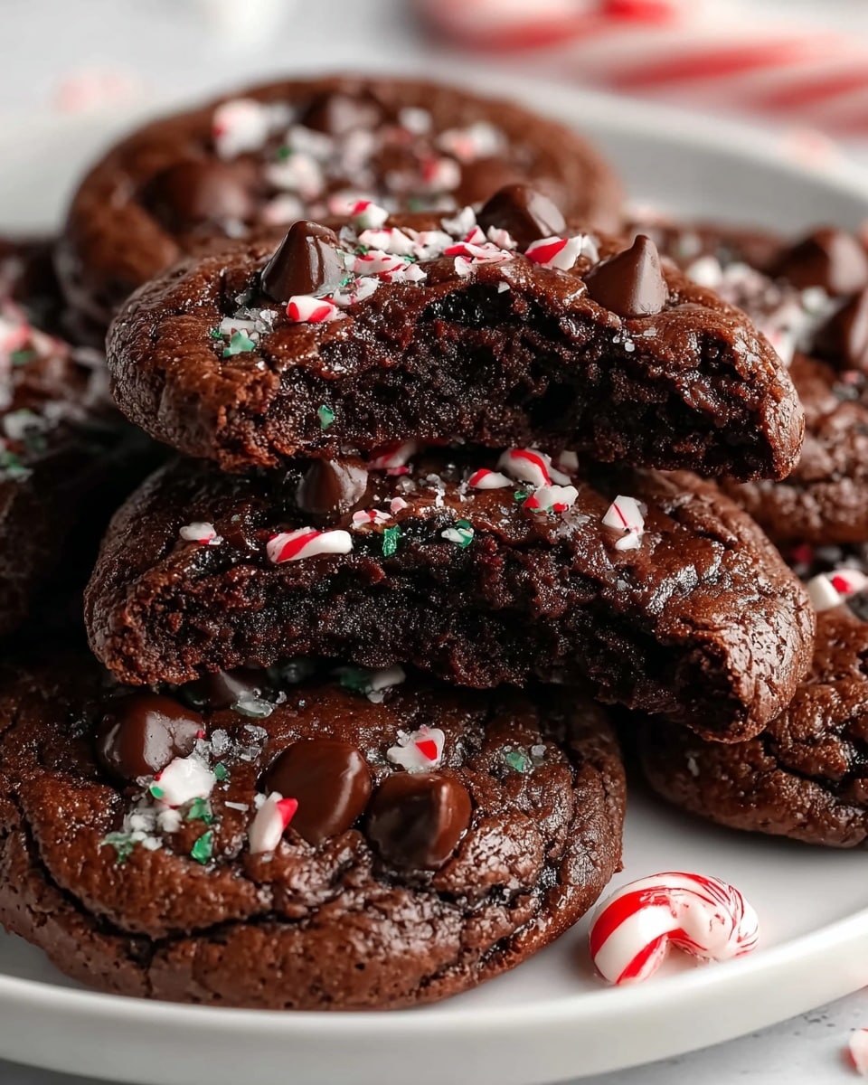 The image shows thick, round dark chocolate cookies with a shiny, slightly cracked surface, each topped with glossy dark chocolate chips and sprinkled with small white and red crushed peppermint pieces. One cookie at the center is broken in half, revealing a moist and dense dark brown interior, while the other cookies are stacked close around it. The cookies rest on a white plate, set against a white marbled textured background, with a whole small red and white peppermint candy placed next to the cookies. photo taken with an iphone --ar 4:5 --v 7