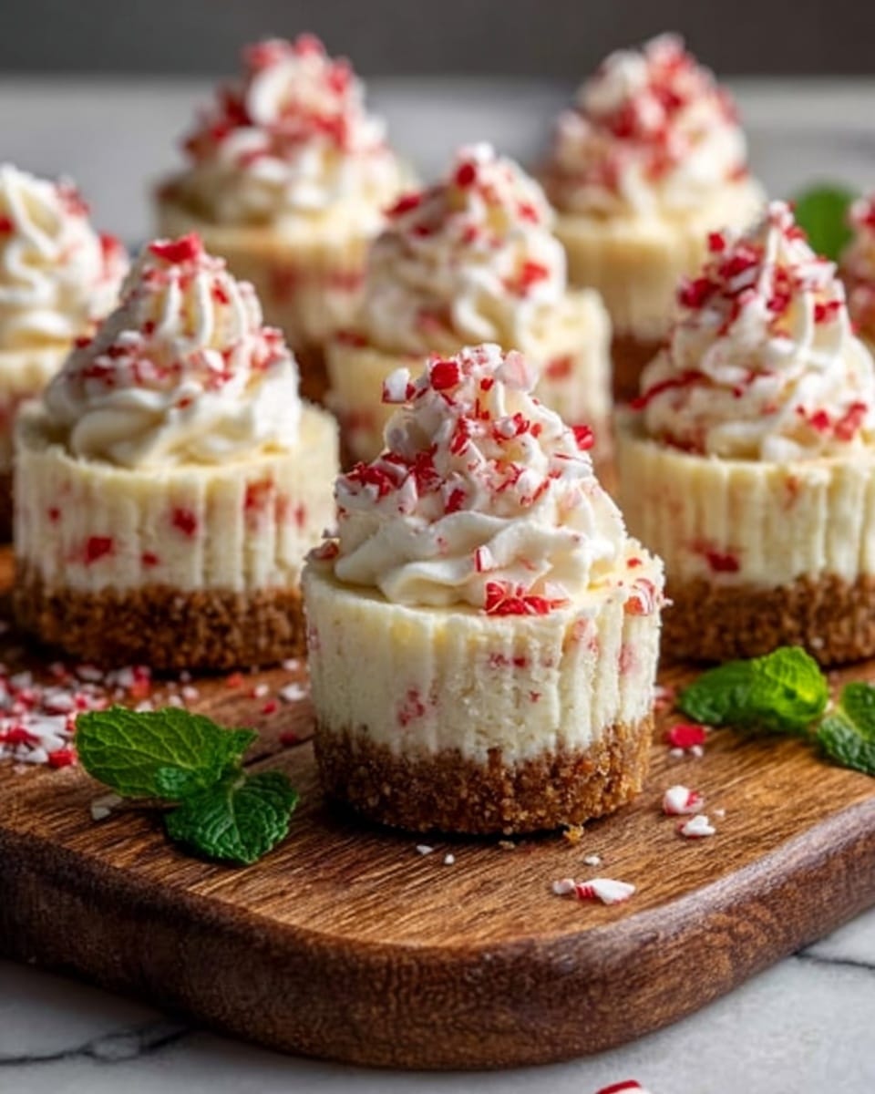 The image shows six small cheesecake bites arranged on a wooden board placed on a white marble surface. Each cheesecake has three layers: a crumbly brown crust at the bottom, a thick creamy white layer with small red bits mixed in, and a swirl of white whipped cream on top. The whipped cream is sprinkled with crushed red and white candy pieces. Some green mint leaves are placed around the cheesecakes for decoration. Photo taken with an iphone --ar 4:5 --v 7