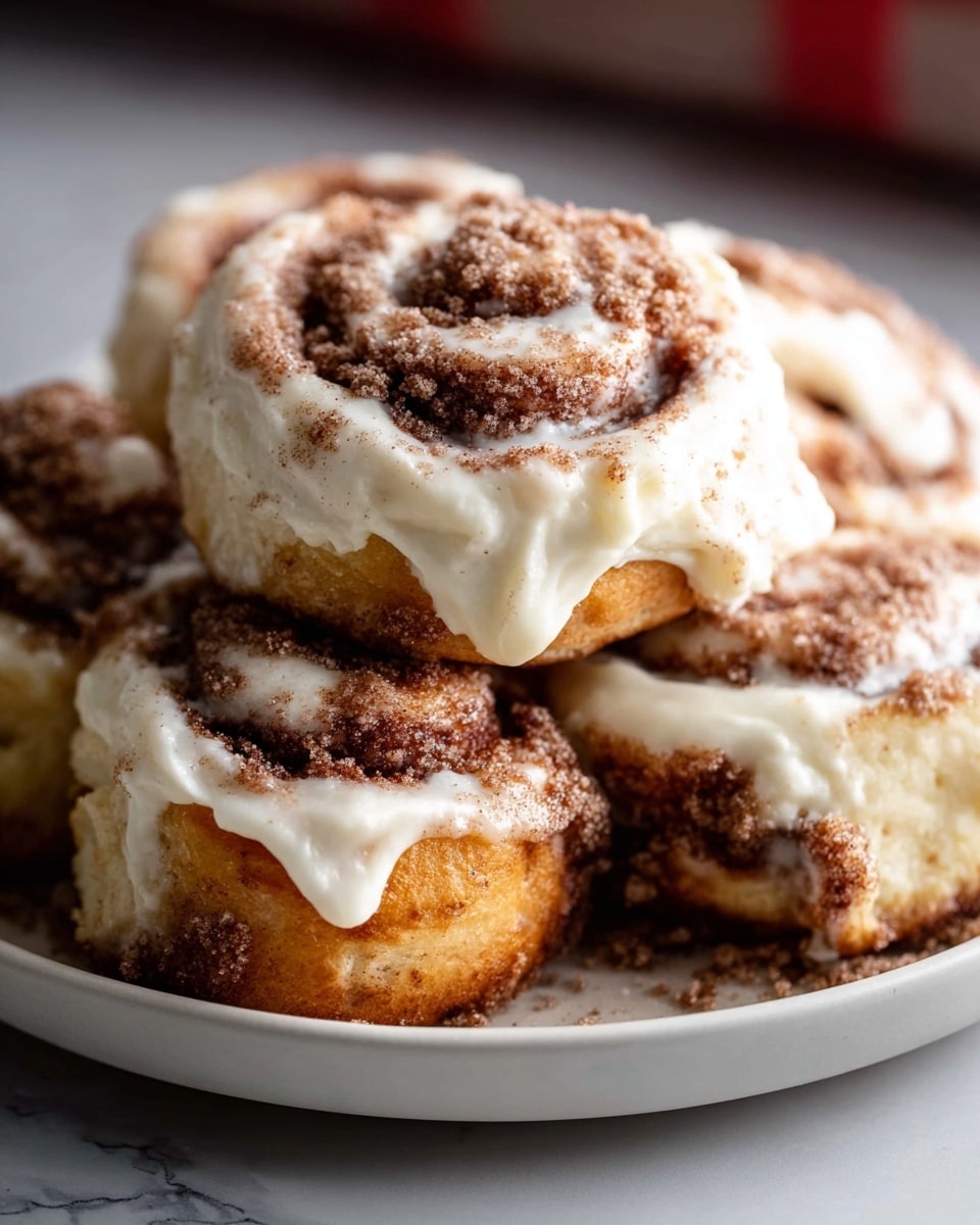 The image shows a white plate filled with a pile of small cinnamon rolls. Each roll has a golden brown baked exterior with a swirled shape, topped generously with melted cream cheese frosting in a creamy white color. The frosting layer is thick and smooth, partially dripping down the sides of the rolls. The cinnamon and sugar coating is visible as a dark brown textured layer on top and around the edges of the rolls. The plate sits on a white marbled surface, and the lighting highlights the soft, fluffy texture of the rolls and the creamy frosting clearly. Photo taken with an iphone --ar 4:5 --v 7