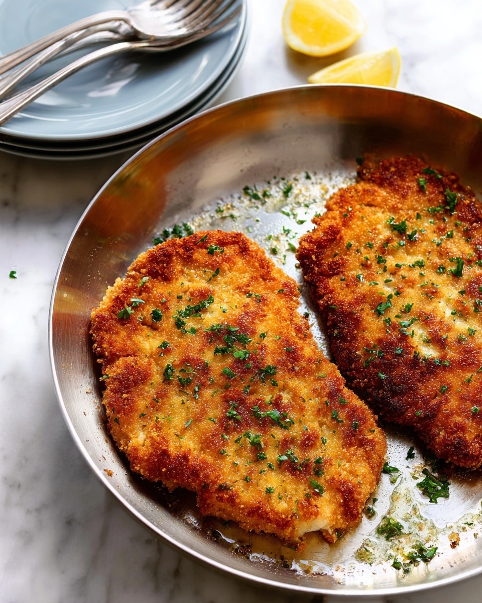 The image shows two golden brown breaded chicken cutlets in a silver frying pan, each cutlet having a crispy, crunchy texture with specks of green herbs sprinkled on top. The cutlets are slightly overlapping, showing some white meat at the edges. In the background, there are stacked light blue plates with two silver forks resting on the top plate. A wedge of lemon and some chopped parsley are scattered on the white marbled surface around the pan. The lighting is bright and natural, highlighting the golden color of the chicken cutlets. photo taken with an iphone --ar 4:5 --v 7