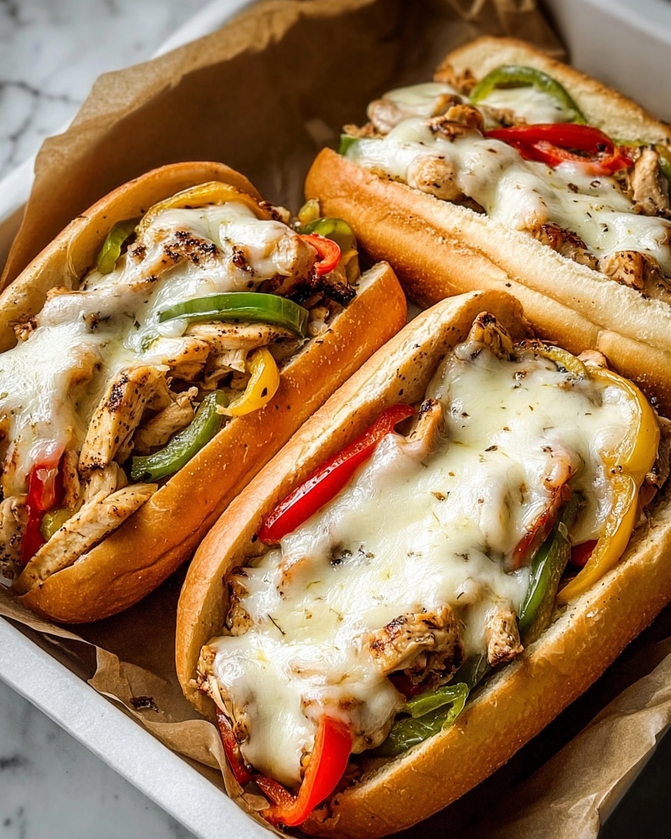 Three chicken cheesesteak sandwiches lie close together in a white tray lined with brown parchment paper. Each sandwich is made with a golden-brown hoagie roll sliced open lengthwise. Inside, there is a layer of cooked chicken pieces that are light brown with grill marks. Mixed in are soft strips of red, green, and yellow bell peppers. On top of the chicken and peppers, there is a thick layer of melted white cheese that is slightly browned and gooey, stretching over the edges. The sandwiches look hot and ready to eat on a white marbled surface. photo taken with an iphone --ar 4:5 --v 7