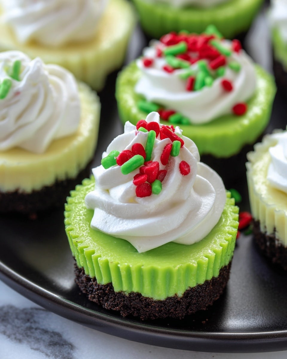 The image shows a close-up of a small, round, three-layer mini cheesecake on a dark plate with a white marbled background. The bottom layer is dark brown, crumbly and looks like a cookie crust. The middle layer is a bright green, smooth cheesecake filling molded inside a green paper cup. On top of the cheesecake is a swirl of white whipped cream, decorated with small red heart-shaped sprinkles and green sprinkle sticks scattered over the cream. The plate holds several more of the same cheesecakes, some with only whipped cream on top but without the sprinkles. photo taken with an iphone --ar 4:5 --v 7