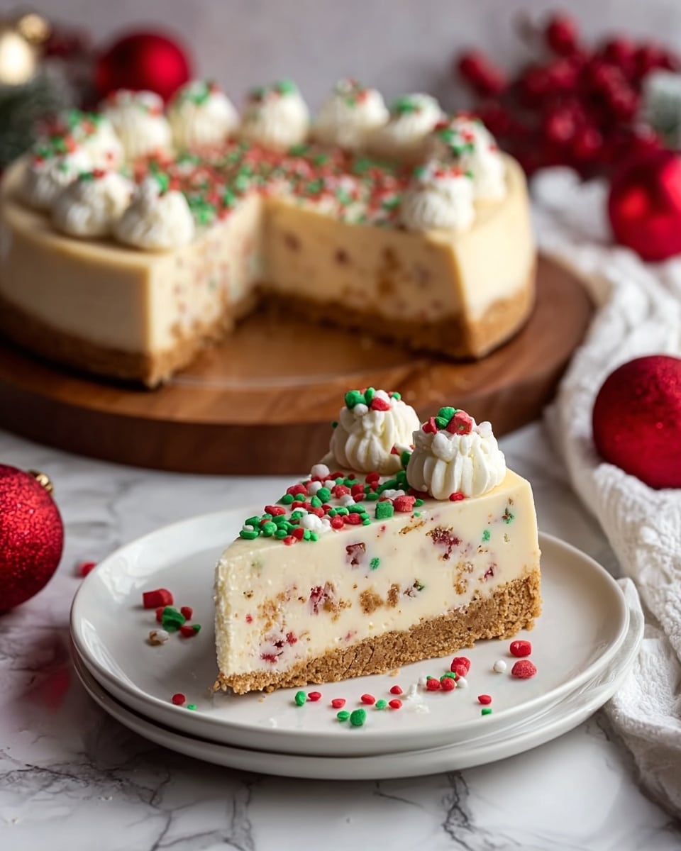 A thick slice of cream-colored cheesecake sits on a white plate, showing two main layers: a dense, light brown crust at the bottom and a creamy, pale layer above it speckled with red and green pieces inside. The cheesecake top is decorated with small white dollops of frosting, each topped with red, green, and white round sprinkles scattered all over the slice and plate. In the background, a whole cheesecake of the same style is placed on a round wooden board with one slice missing. The scene is set on a white marbled surface with red Christmas ornaments and a white cloth adding a festive feel. photo taken with an iphone --ar 4:5 --v 7