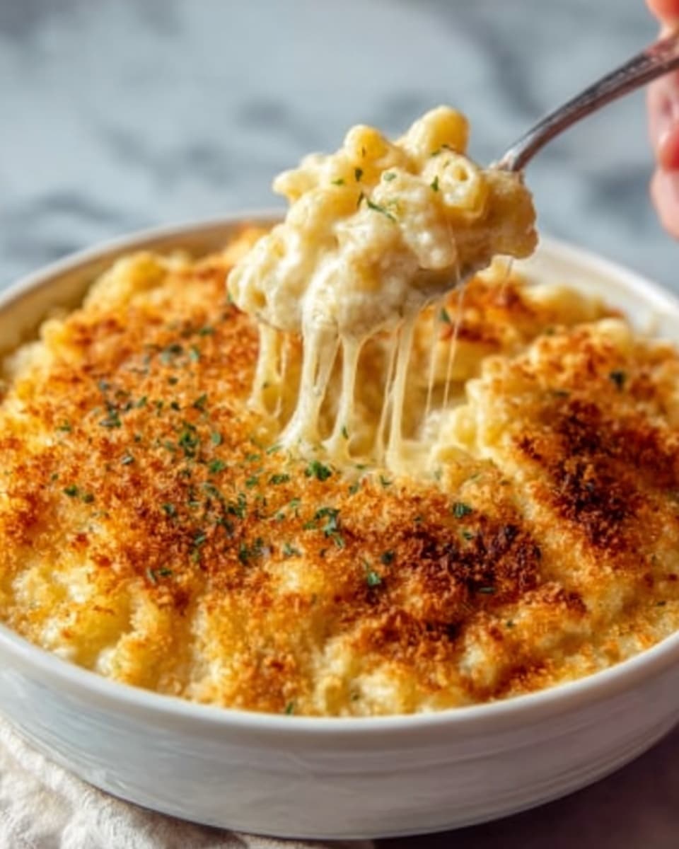 A white bowl filled with creamy macaroni and cheese, with a golden-brown crispy breadcrumb layer on top, sprinkled lightly with green herbs. The mac and cheese underneath looks soft and cheesy, with gooey, melted cheese stretching upward as a woman's hand lifts a spoonful out of the bowl. The cheese has a rich, smooth texture, contrasting with the crunchy topping. The bowl is placed on a white marbled surface. Photo taken with an iphone --ar 4:5 --v 7