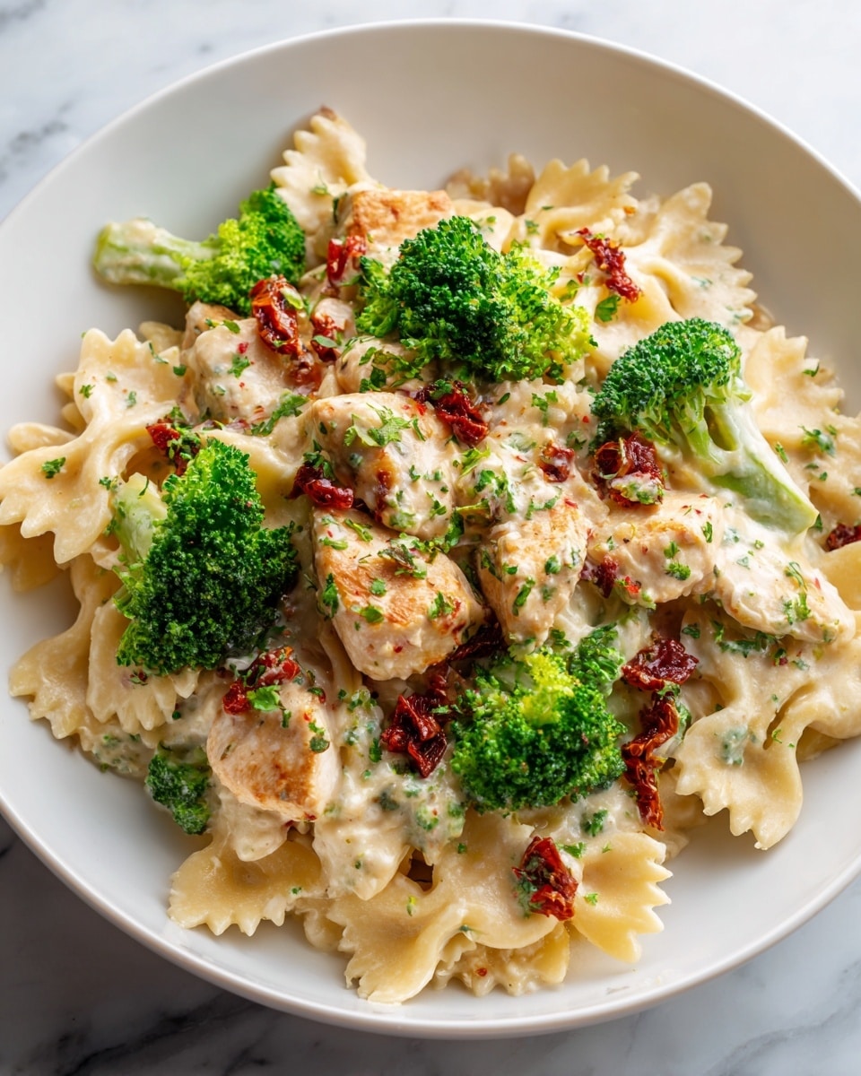 The dish shows a white plate filled with layers of farfalle pasta mixed with creamy sauce and small pieces of chicken, topped with steamed broccoli florets. The creamy sauce is light beige with a slightly thick texture, coating each piece of pasta and chicken evenly. The chicken pieces are golden brown and sprinkled with finely chopped herbs and small bits of sun-dried tomatoes, adding red and green specks on top. The broccoli is bright green, adding a fresh color contrast. The whole dish has a rich and creamy look with different textures from soft pasta, tender chicken, and crunchy broccoli, on a white marbled surface. photo taken with an iphone --ar 4:5 --v 7