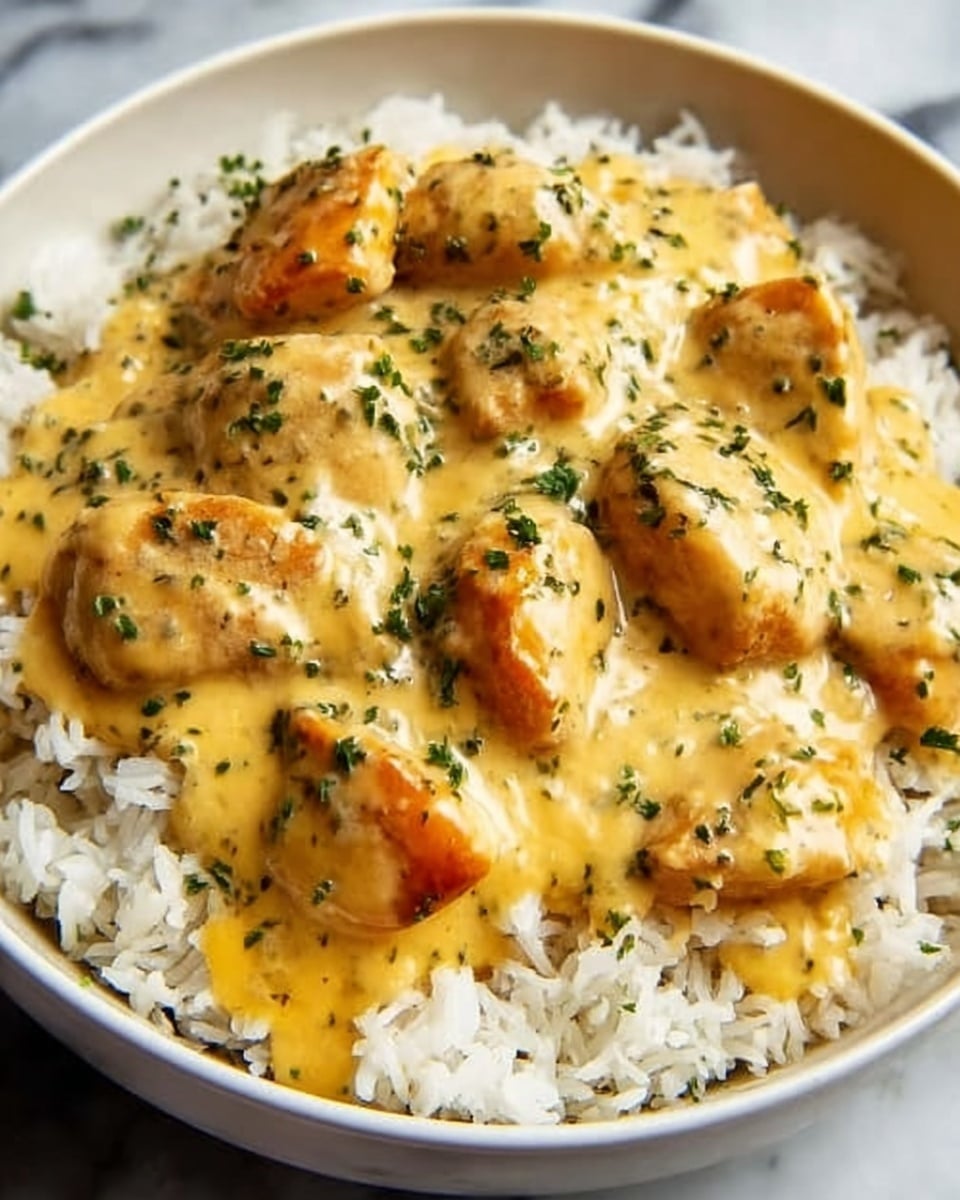 A white bowl filled with a bed of white rice topped with several pieces of light orange chicken coated in a creamy yellow sauce with herbs sprinkled on top. The sauce looks smooth and thick, covering both the chicken and parts of the rice. The background is a white marbled texture. Photo taken with an iphone --ar 4:5 --v 7
