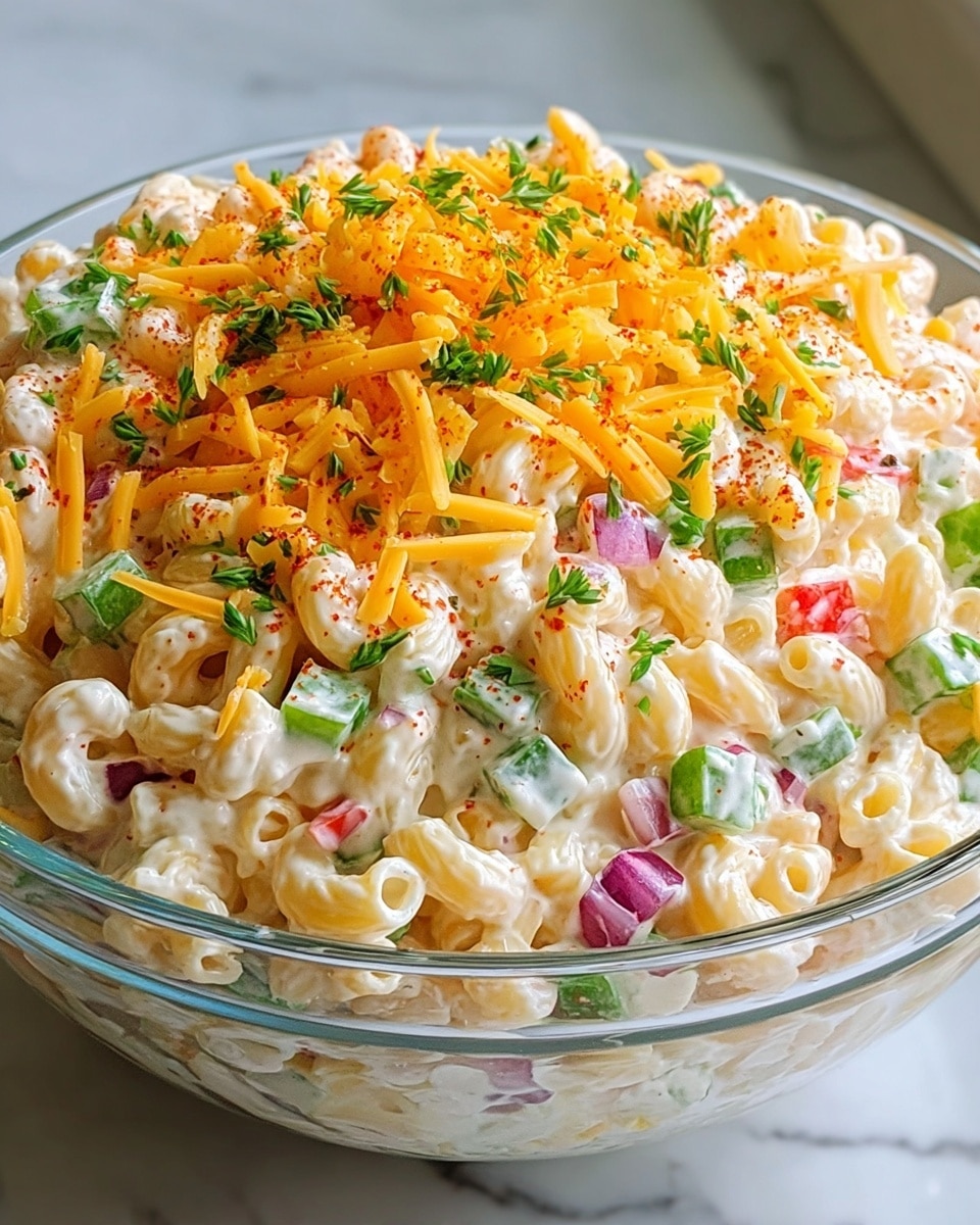 A clear glass bowl filled with creamy macaroni salad sits on a white marbled surface. The salad has three main layers: the bottom layer is elbow macaroni coated in a smooth white creamy dressing; the middle layer has diced green bell peppers, red onions, and red bell peppers evenly mixed throughout the macaroni; the top layer is covered with a generous sprinkle of bright orange shredded cheddar cheese, small green chopped herbs, and a light dusting of red seasoning. The colors are vibrant and the texture looks creamy and fresh. photo taken with an iphone --ar 4:5 --v 7