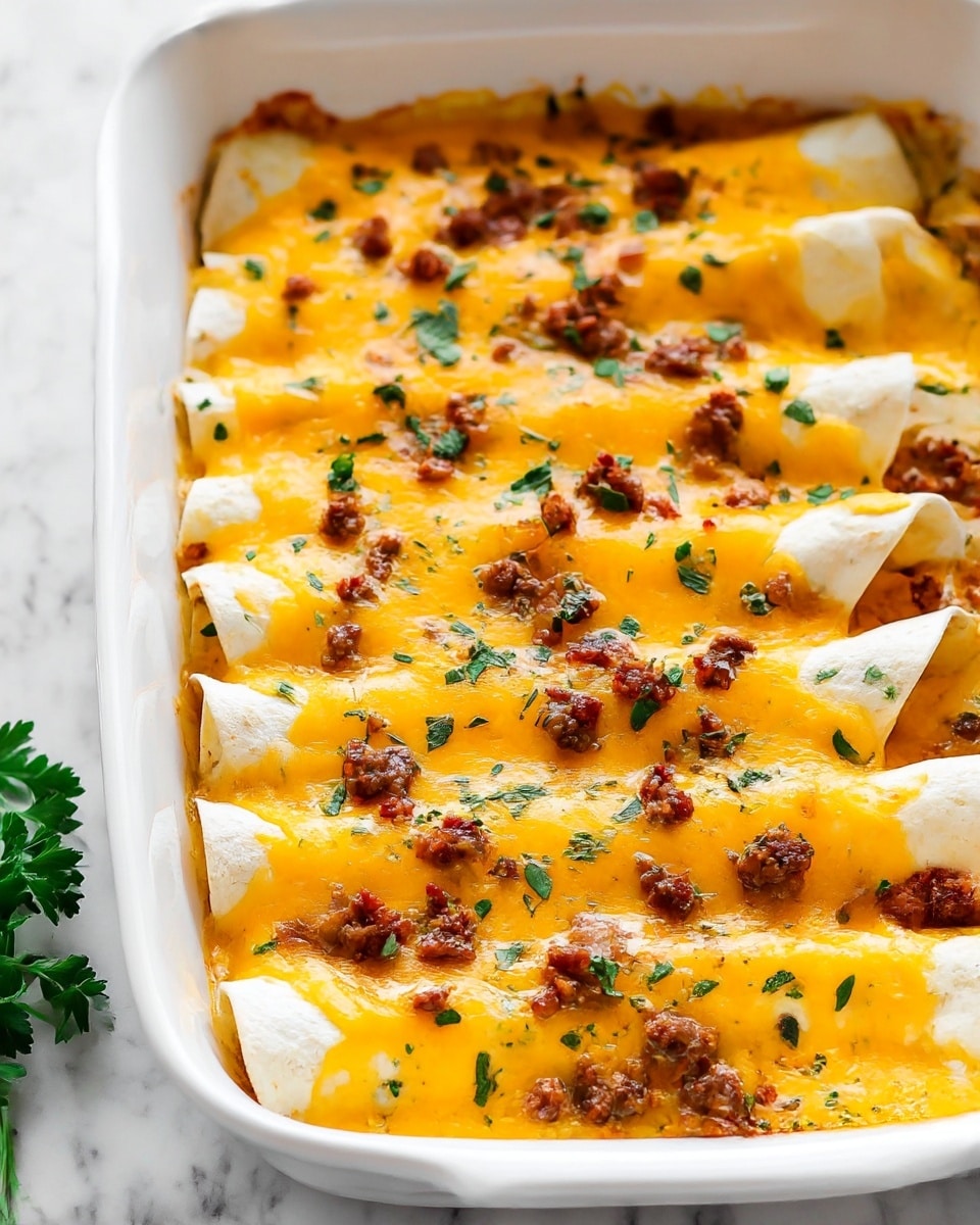 The image shows a white baking dish filled with four folded tortillas arranged side by side. Each tortilla is covered with a rich, melted orange-yellow cheese layer that looks creamy and smooth, with small brown crumbles of cooked ground meat scattered evenly over the top. Green herb pieces are sprinkled lightly across the cheese, adding contrast. The edges of the tortillas are visible under the cheese, showing a soft, white texture. The dish is placed on a white marbled surface with a small bunch of green herbs visible in the lower left corner. Photo taken with an iphone --ar 4:5 --v 7