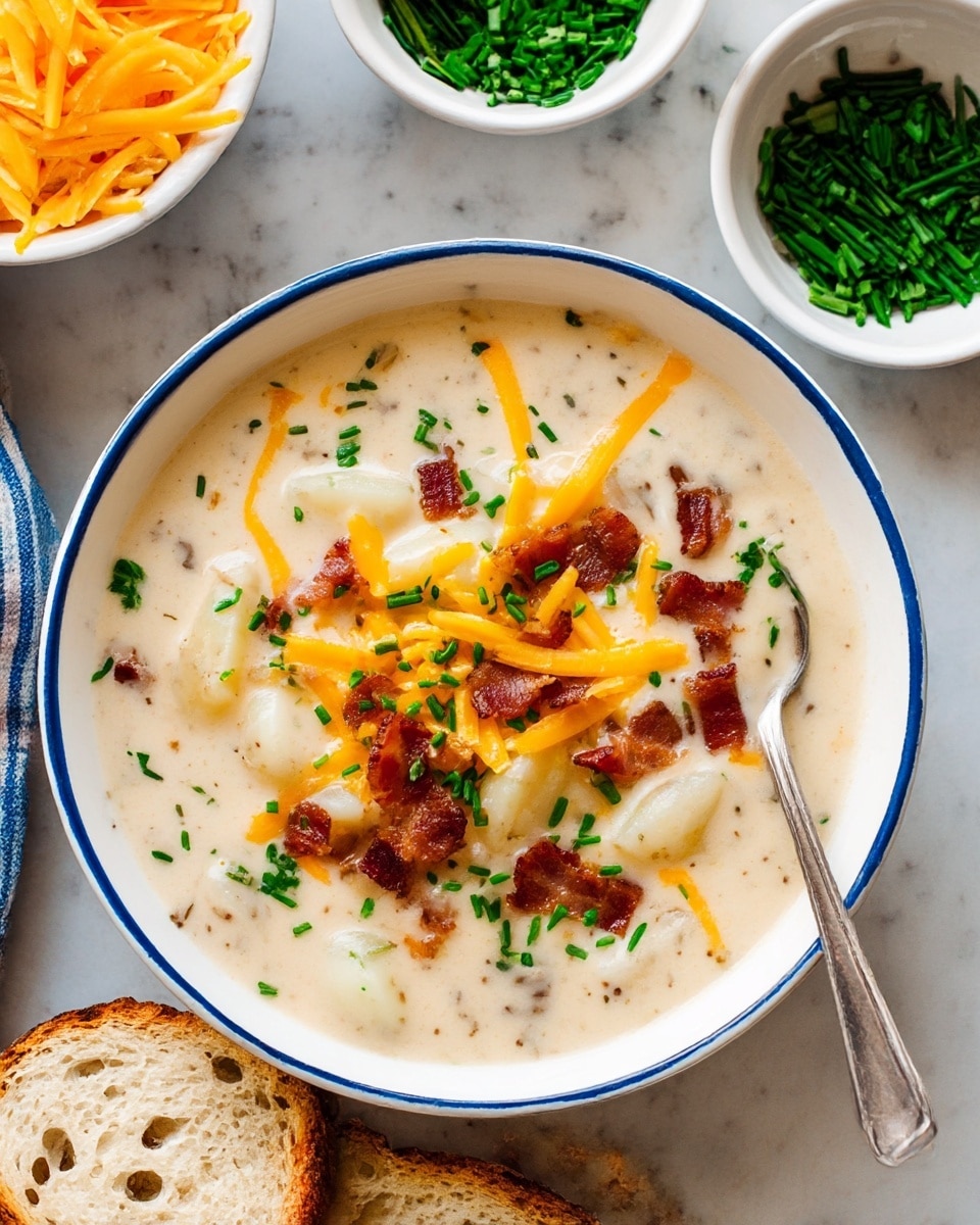 A bowl of creamy soup with a light beige color fills most of the frame, served in a white bowl with a blue rim. The soup contains chunks of white potato and golden-brown crispy bacon pieces scattered on top. There are thin strands of shredded orange cheddar cheese and small chopped bright green chives sprinkled over the surface, adding color contrast. A metal spoon rests inside the bowl on the right side. Below the bowl are two pieces of toasted light brown bread with airy holes. In the background, a white bowl with chopped green chives and another white bowl with shredded cheddar cheese are partially visible on a white marbled texture. Photo taken with an iphone --ar 4:5 --v 7