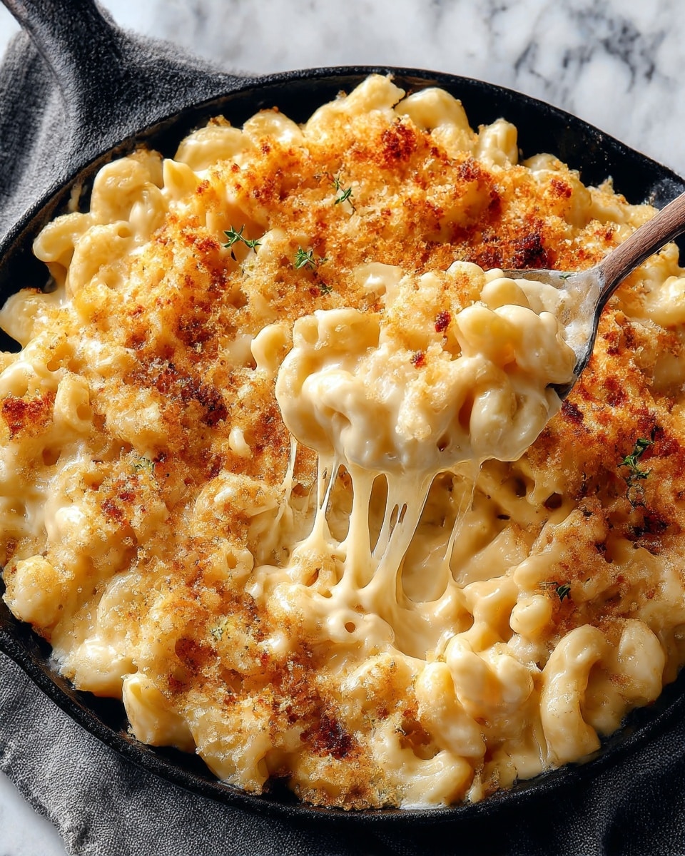 A close-up view of a creamy macaroni and cheese dish served in a round black cast iron skillet placed on a white marbled texture with a gray cloth underneath. The macaroni is coated in smooth, light golden cheese sauce with a golden brown, slightly crispy breadcrumb topping unevenly spread on the surface. The cheese sauce is thick and stretchy, visible as a spoon lifts some of the pasta, showing gooey melted cheese strands. The pasta curls are well coated, soft, and packed closely together, filling the skillet fully. Photo taken with an iphone --ar 4:5 --v 7