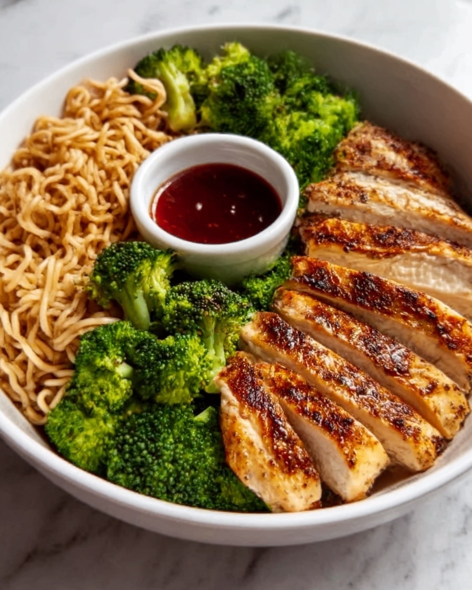 A white bowl filled with three main sections: on the left, light brown cooked noodles with a slightly curly texture; in the middle, bright green steamed broccoli florets with a light shine; on the right, several pieces of grilled chicken breast sliced thinly, showing a golden brown, slightly charred crust with darker grill marks. Behind the broccoli, a small white round bowl of dark red sauce is placed inside the main bowl. The bowl sits on a white marbled texture surface. photo taken with an iphone --ar 4:5 --v 7