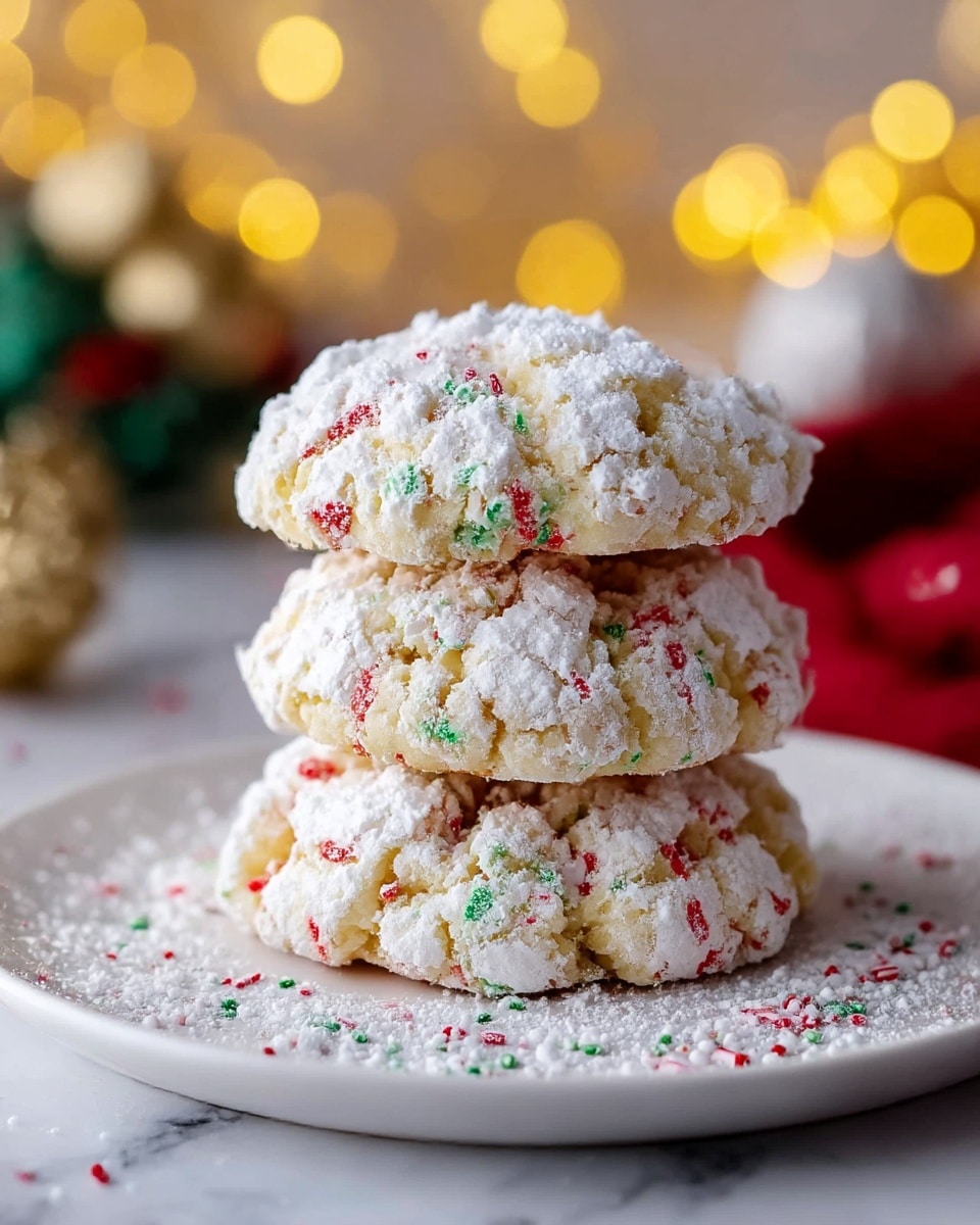 A stack of three soft-looking cookies sits centered on a white plate, each cookie coated with a layer of white powdered sugar giving a snowy effect on their rough, cracked surface. Each cookie reveals scattered red and green sprinkle bits embedded throughout, adding festive color contrasted against the pale dough and white sugar. The plate is placed on a white marbled surface with some powdered sugar and sprinkles scattered around, and out-of-focus warm yellow lights and Christmas decorations glow softly in the background. photo taken with an iphone --ar 4:5 --v 7
