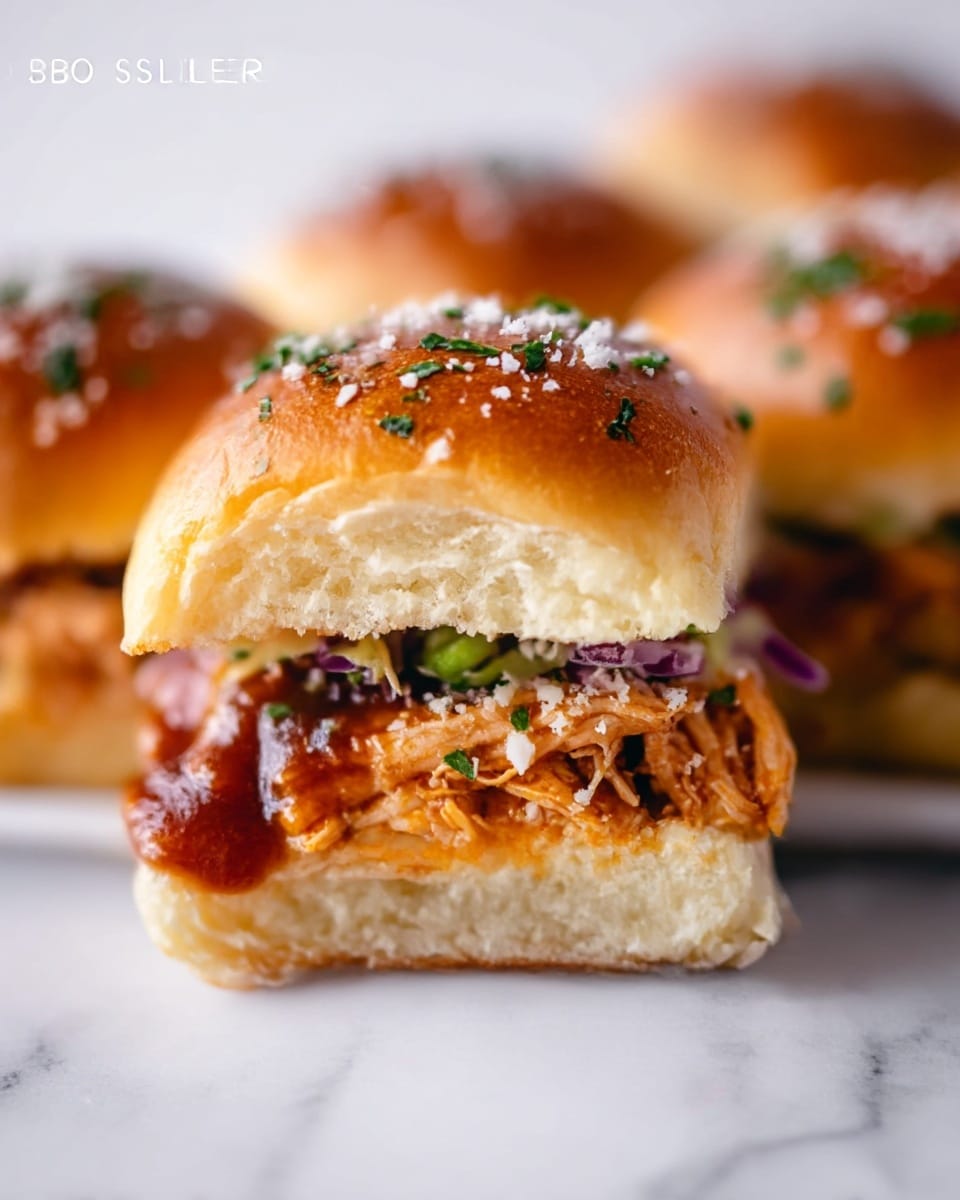 A close-up of a BBQ chicken slider with three clear layers; the top layer is a soft, golden-brown bun sprinkled with green herbs and white flakes, the middle layer contains shredded BBQ chicken mixed with dark reddish-brown sauce and small bits of green and purple veggies, and the bottom layer is a slightly toasted bun base that looks soft and light beige. The slider sits on a plate with other similar sliders, all with shiny baked buns and sprinkled with white flakes, against a white marbled background. Photo taken with an iphone --ar 4:5 --v 7