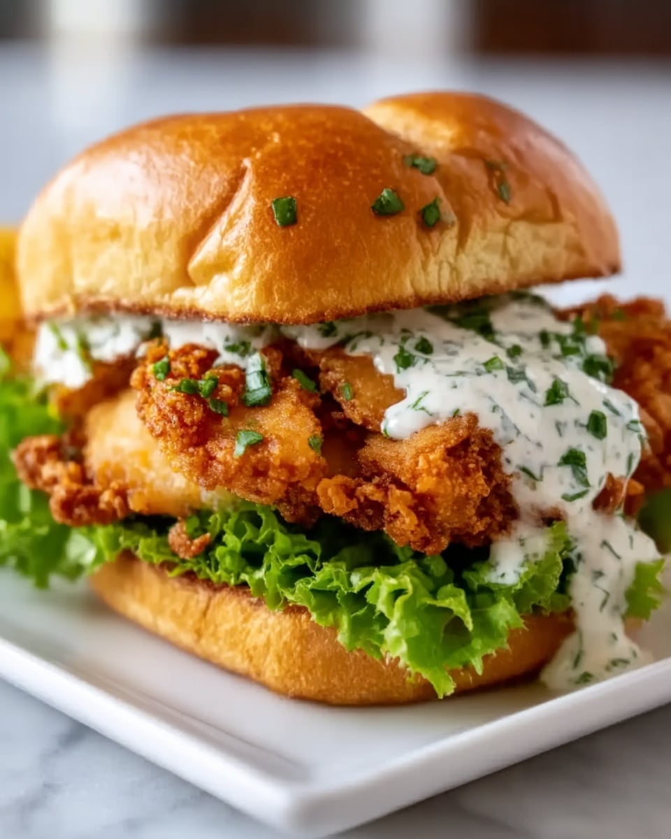 A close-up view of a fried chicken sandwich on a soft, golden brown bun. The sandwich has three main layers: crispy, golden fried chicken fillet with small green herb bits on top; a layer of fresh, bright green leafy lettuce under the chicken; and a drizzle of white creamy sauce with green herbs on the chicken. The sandwich is placed on a clean white rectangular plate, set on a white marbled surface. photo taken with an iphone --ar 4:5 --v 7