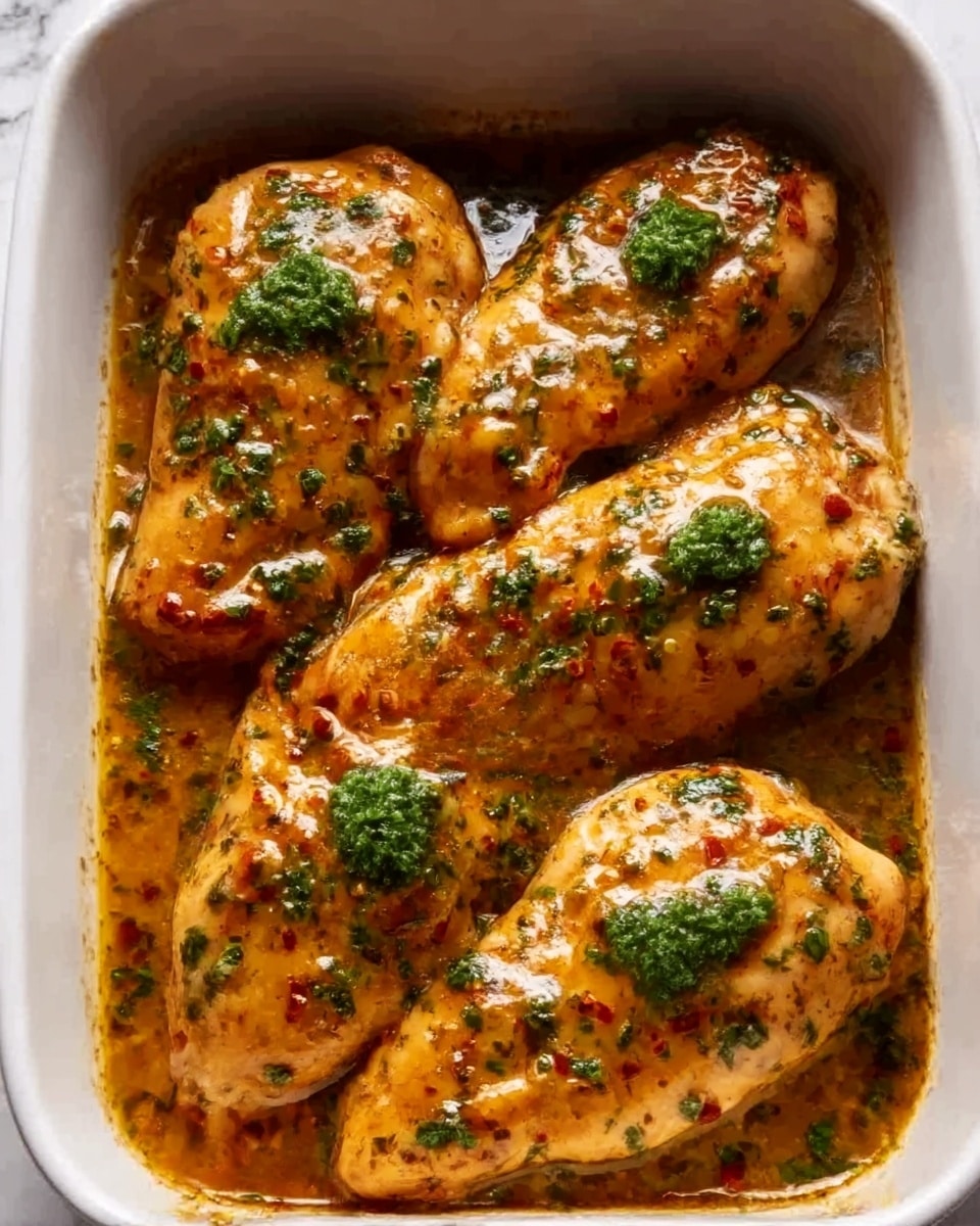 The image shows five pieces of cooked chicken breasts arranged neatly in a white rectangular baking dish. The chicken is covered with a thick, glossy, golden-brown sauce with visible specks of red pepper and herbs. Small dollops of green herb sauce are scattered on top, adding color contrast and freshness. The dish sits on a white marbled surface, enhancing the warm tones of the chicken and sauce. Photo taken with an iphone --ar 4:5 --v 7