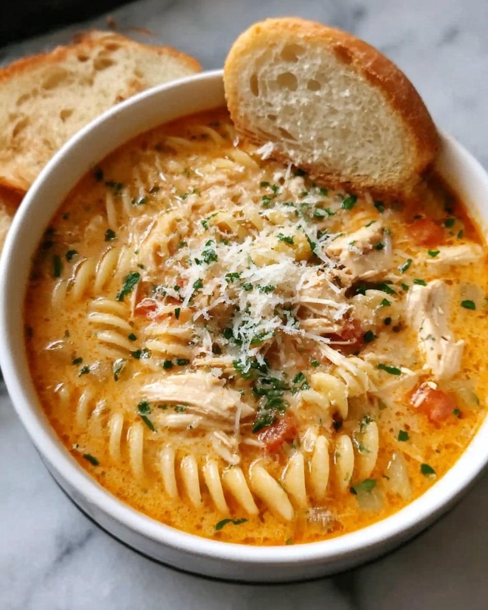 A white bowl filled with creamy orange soup containing spiral pasta, shredded chicken pieces, and small chopped vegetables. The soup is topped with finely chopped green herbs and grated cheese. Two slices of crusty bread rest on the edge of the bowl. The bowl is set on a white marbled surface. Photo taken with an iphone --ar 4:5 --v 7