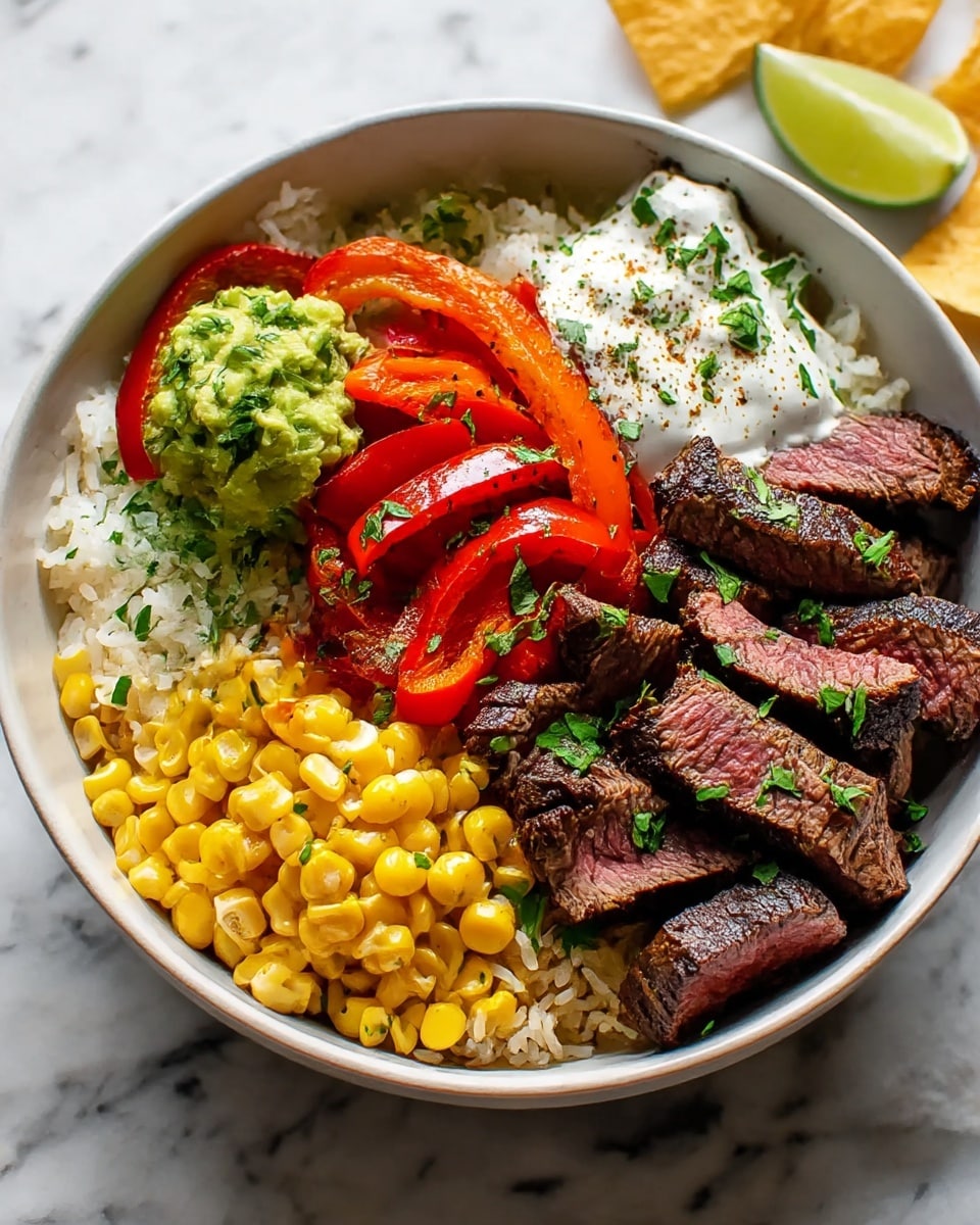 A white bowl filled with several colorful food layers, starting at the bottom with a layer of light brown cooked rice. On the right, there is a pile of medium-rare grilled steak pieces, dark brown on the outside and pink inside, sprinkled with green herbs. Next to the steak, there is a mix of cooked red and orange bell pepper strips, slightly shiny and soft in texture, also topped with green herbs. Above the peppers, there is a small scoop of chunky guacamole with a light green color. To the left, there is a serving of white rice topped with chopped green herbs and a bit of spice. Above the rice, there is a portion of yellow cooked corn kernels. On top of the corn and rice area, a dollop of white sauce with green herbs and a sprinkle of spices rests. Around the bowl, a lime wedge and some taco chips are visible. The bowl is placed on a white marbled surface. Photo taken with an iphone --ar 4:5 --v 7
