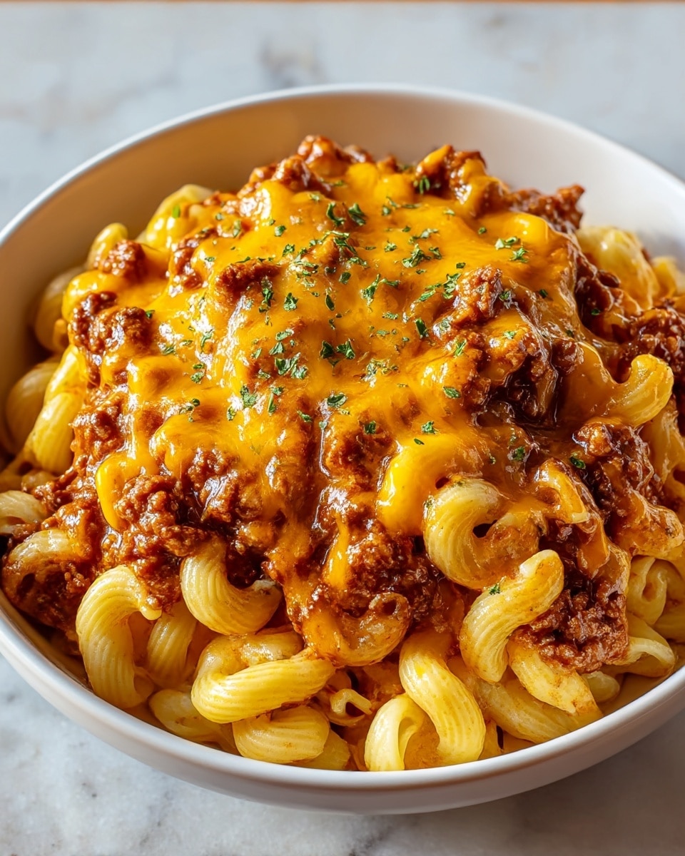 This dish is served in a white bowl filled with three layers: the bottom layer consists of curved, pale yellow pasta with a smooth texture; the middle layer is made up of chunky, dark brown ground meat in a thick reddish-brown sauce; the top layer is melted cheddar cheese, bright orange and gooey, spread generously over the meat and pasta, sprinkled with small green parsley flakes for color contrast. The bowl sits on a white marbled surface. photo taken with an iphone --ar 4:5 --v 7