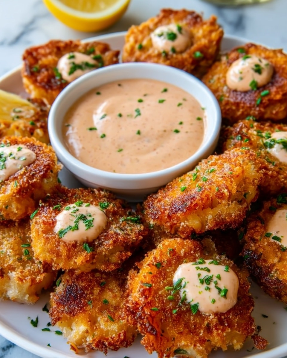 The image shows a close-up of a white plate filled with several golden-brown, crispy fried crab cakes, each topped with a small dollop of creamy light pink sauce and sprinkled with finely chopped green herbs. In the center of the plate, there is a small white bowl filled with the same light pink sauce. The crab cakes have a rough, crunchy texture and are unevenly shaped. In the background, a lemon wedge is partially visible on the white marbled surface. Photo taken with an iphone --ar 4:5 --v 7