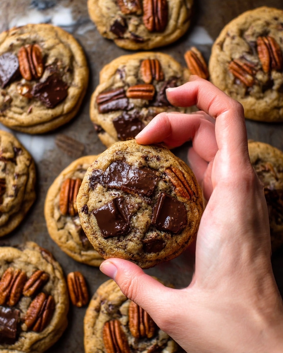 The image shows a close-up of seven round chocolate chip cookies with pecans on a dark textured baking surface replaced with a white marbled texture. Each cookie is golden brown with uneven rough texture, topped with large dark chocolate chunks and whole pecans, both slightly sunken into the soft dough. A woman's hand is gently holding one of the cookies near the center right, lifting it slightly, showing the thickness and soft texture of the cookie edges. The light highlights the glossy chocolate and the nuts' textured wrinkles. photo taken with an iphone --ar 4:5 --v 7