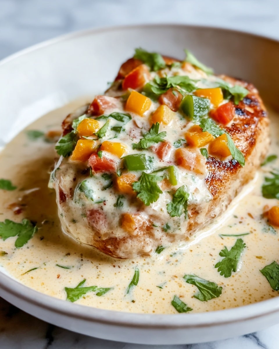 The dish shows a thick, grilled piece of chicken covered in a creamy white sauce with small diced orange, green, and red vegetables scattered on top and mixed within the sauce. Fresh green herbs, likely cilantro, add a pop of color on the chicken and around the plate. The chicken sits in a shallow white bowl, filled with more creamy sauce pooling around the sides, creating a rich and inviting look. The background is a white marbled surface, which enhances the warmth and creamy texture of the food. photo taken with an iphone --ar 4:5 --v 7