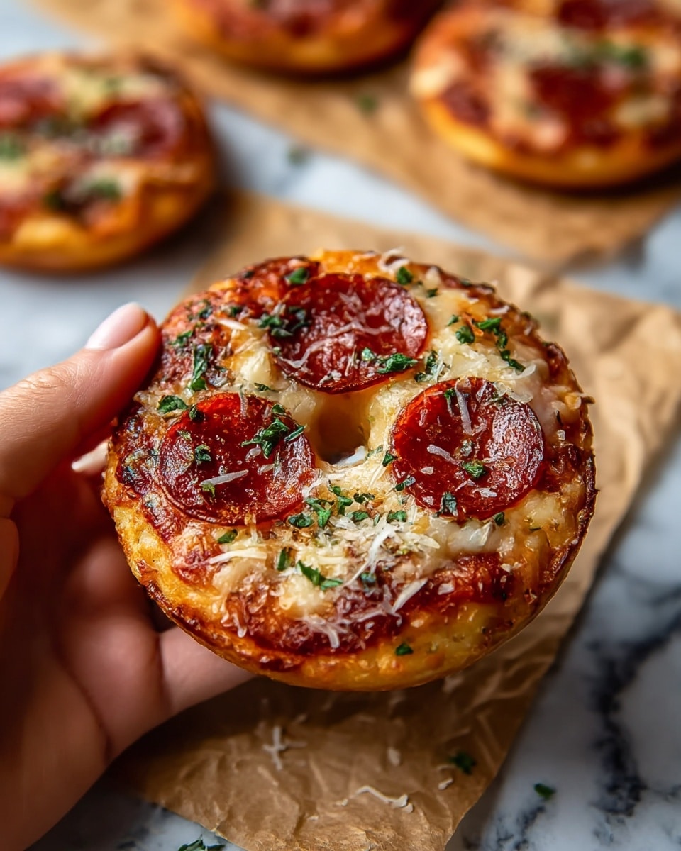 A close-up of a small round mini pizza with a visible hole in the center, held by a woman's hand. The pizza has a golden brown outer crust with melted cheese that is slightly crispy on the edges. On top, there are several small slices of pepperoni with a reddish-brown color, sprinkled with bits of green herbs and grated white cheese. The mini pizza sits on a piece of brown parchment paper placed on a white marbled surface, with two more similar pizzas blurred in the background. Photo taken with an iphone --ar 4:5 --v 7