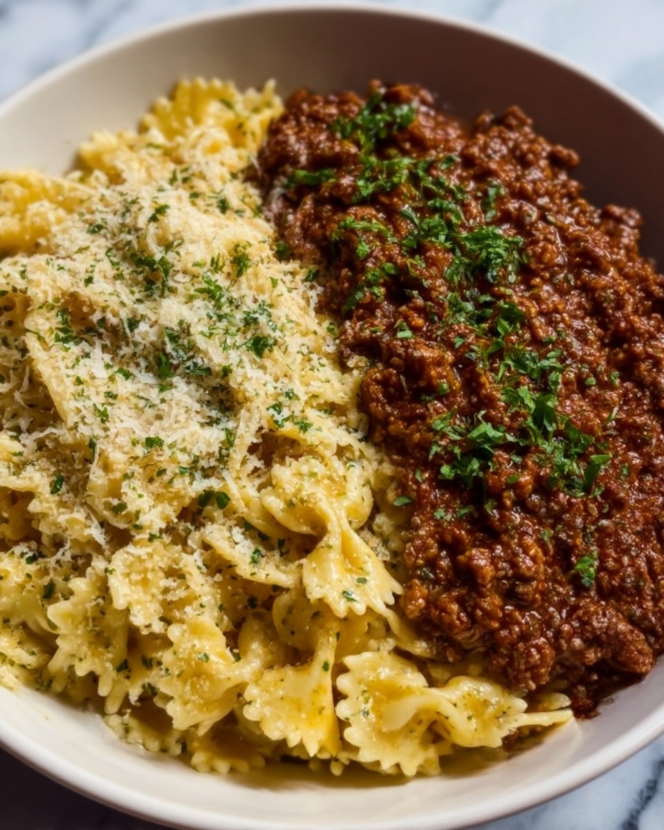 A white plate filled with two main sections: on one side, light golden bow-tie pasta piled thickly, topped with grated white cheese and sprinkled green herbs; on the other side, rich brown meat sauce with visible ground meat chunks, garnished with fresh green herbs. The pasta shows a slightly glossy texture, while the meat sauce looks hearty and moist. The background is a white marbled surface. photo taken with an iphone --ar 4:5 --v 7