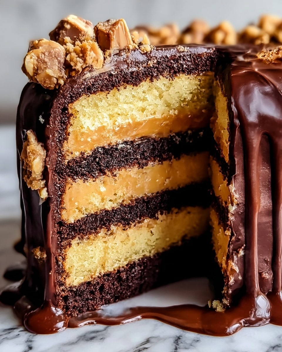 A close-up of a sliced cake with four visible layers, alternating between light yellow sponge and dark chocolate sponge. Between each layer, there is a smooth light brown caramel filling. The outside of the cake is coated with a glossy dark chocolate glaze, which drips down the sides and pools at the bottom. The top of the cake is decorated with small chunks of a light brown, crumbly topping. The cake is placed on a surface with a white marbled texture. photo taken with an iphone --ar 4:5 --v 7