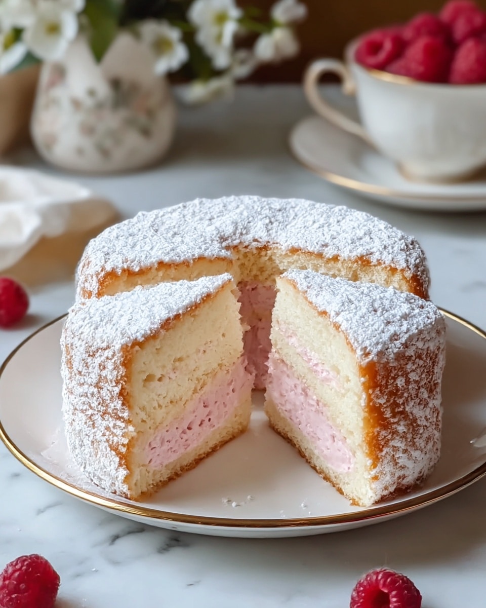 A small round cake with four thick slices cut, sitting on a white plate with a gold rim. The cake has a light golden brown outside dusted heavily with white powdered sugar. Inside, there are two soft layers: a light pink airy middle layer and a thin pale beige bottom layer. The texture of the cake looks soft and spongy. In the background, there is a white flowered ceramic cup and a white plate with raspberries sitting on a white marbled surface. photo taken with an iphone --ar 4:5 --v 7