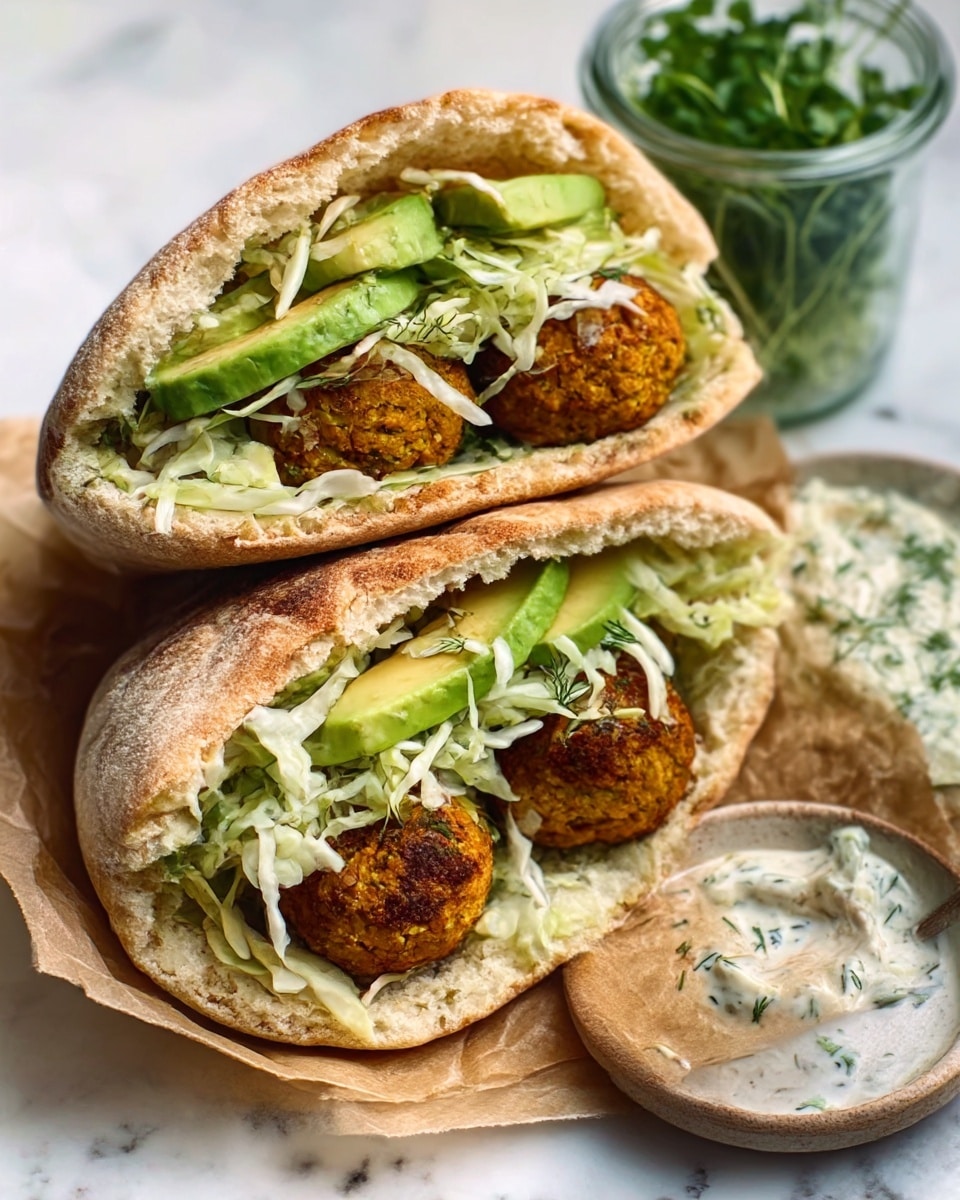 The image shows two pita sandwiches stacked with layers of crispy golden-brown falafel balls, bright green avocado slices, and a generous amount of finely shredded white cabbage mixed with tall thin green herbs. The sandwich bread is slightly toasted with a light brown, uneven texture, revealing soft, fluffy insides. The sandwiches rest on a piece of brown parchment paper, with a round white plate nearby holding a small bowl filled with a creamy white sauce flecked with green herbs. In the background, there is a clear glass container with fresh green herbs. The whole scene is set on a white marbled surface. photo taken with an iphone --ar 4:5 --v 7