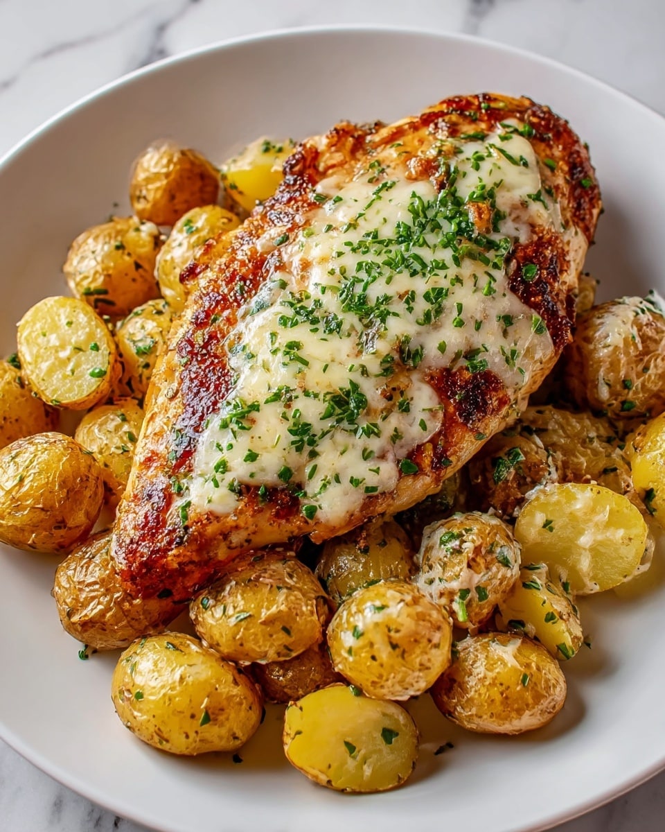 A dish showing one large grilled chicken breast with a golden-brown, slightly crispy skin, topped with melted white cheese and sprinkled with finely chopped green herbs, resting on a bed of small roasted yellow potatoes with a slightly wrinkled skin, also covered with bits of melted cheese and herbs, all served on a white round plate placed on a white marbled surface. photo taken with an iphone --ar 4:5 --v 7
