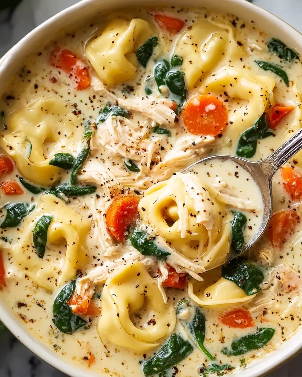 A close-up view of a creamy soup filled with multiple layers of ingredients: tender yellow tortellini pasta floating in thick light cream broth speckled with black pepper, chunks of orange carrot, shredded white chicken, and dark green spinach leaves scattered throughout. A silver spoon is partially submerged on the right side, showing some creamy broth and a tortellini piece. The soup is contained in a white bowl, resting on a white marbled surface. photo taken with an iphone --ar 4:5 --v 7