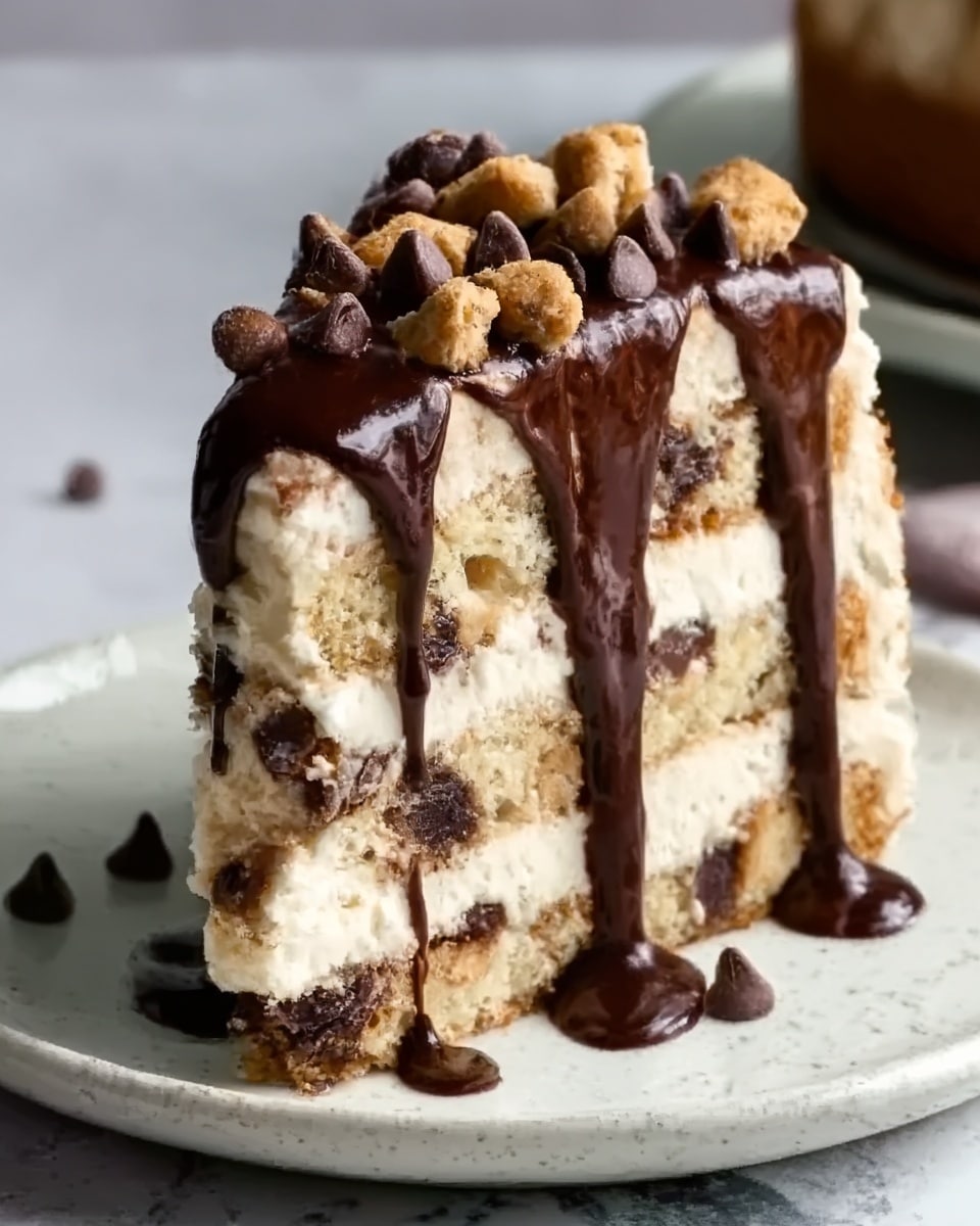 A tall slice of layered dessert sits on a white plate on a white marbled surface, showing creamy off-white layers mixed with small cookie pieces and chunks. On top, there is a thick drizzle of dark chocolate sauce flowing down the sides, sprinkled with small chocolate chips and cookie chunks. The cake layers look soft with visible cookie bits inside, and the chocolate sauce has a shiny, smooth texture. Photo taken with an iphone --ar 4:5 --v 7