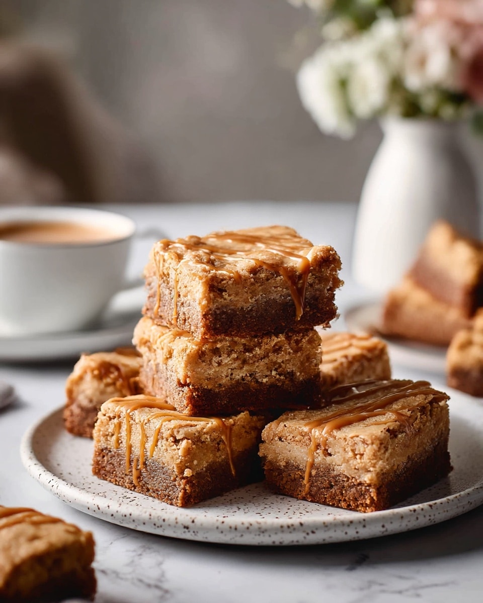 The image shows five square blondies stacked on a white plate with a speckled texture, placed on a white marbled surface. Each blondie has two visible layers: a thick, darker brown bottom layer that looks dense and chewy, and a lighter golden brown top layer that is crumbly and slightly cracked. A shiny caramel drizzle is spread unevenly over the top of each blondie, adding a rich, glossy texture. In the background, a blurry cup of coffee on a white saucer and a white vase with flowers can be seen, creating a cozy setting. photo taken with an iphone --ar 4:5 --v 7
