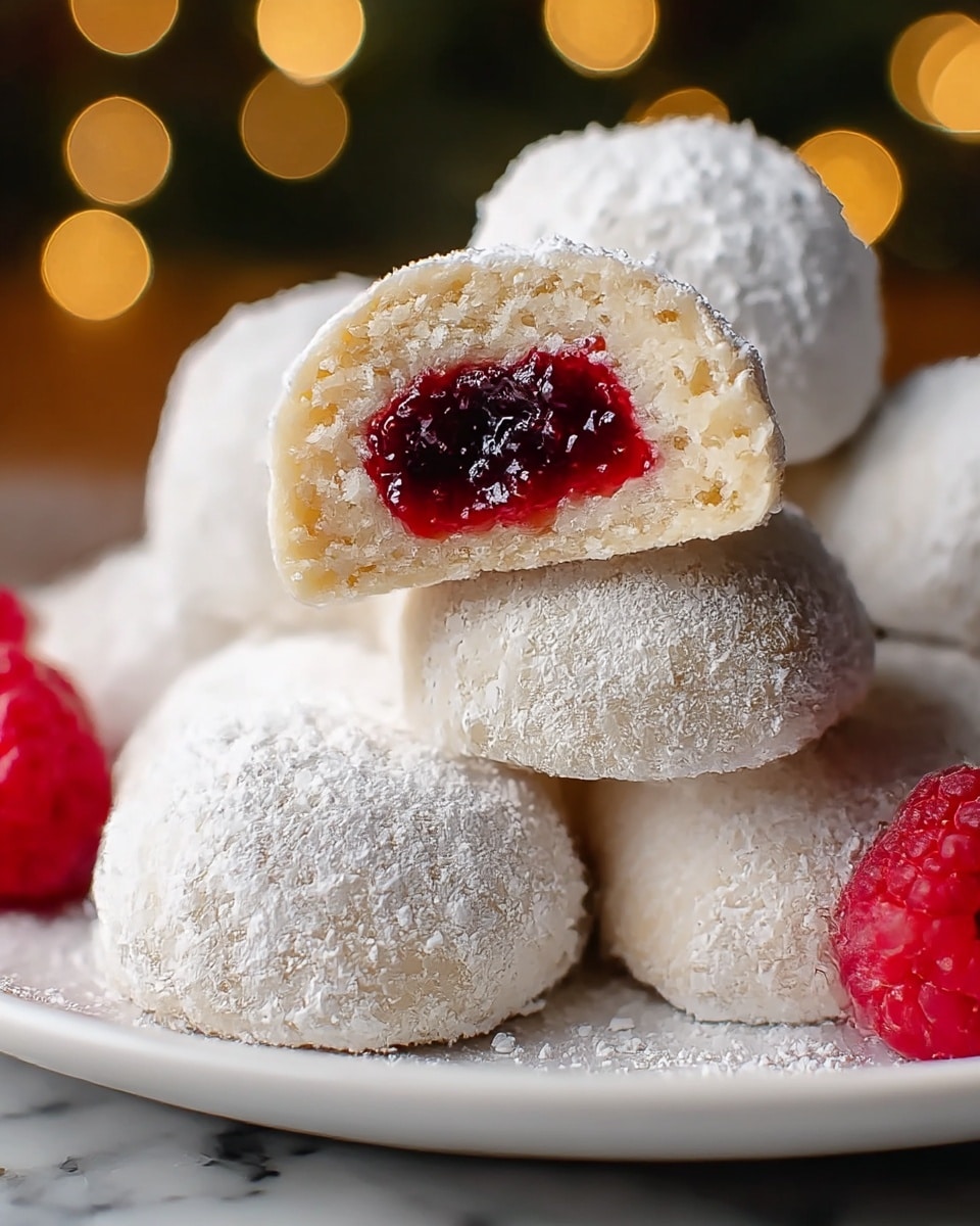A close-up image of several round white powdered sugar-covered snowball cookies stacked on a white plate, with the top cookie cut in half to show a soft, crumbly, light beige outer layer and a glossy, deep red jam filling inside. The cookies have a rough texture from the sugar coating. Bright red raspberries are placed around the cookies, adding a fresh color contrast. The whole scene is set on a white marbled surface with warm, soft out-of-focus light orbs in the background. photo taken with an iphone --ar 4:5 --v 7