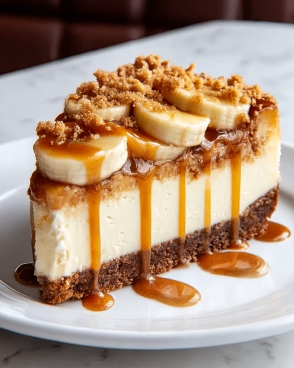 A slice of cheesecake on a white plate sits on a white marbled surface. The bottom layer is a dark brown crumb crust. Above it is a thick, creamy off-white cheesecake layer. On top of this is a layer of sliced bananas arranged closely. Caramel sauce drips over the bananas and down the sides of the cheesecake. The top of the slice is sprinkled with light brown crumbly bits. Photo taken with an iphone --ar 4:5 --v 7