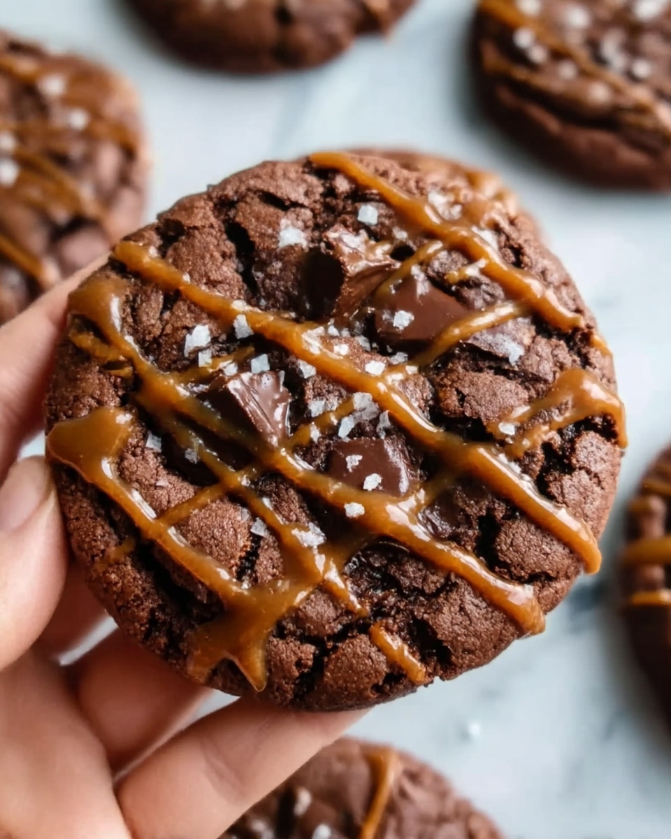 The image shows a close-up of a large round chocolate cookie held by a woman's hand. The cookie has a rough texture with visible chunks of melted chocolate on top. It is drizzled with thick caramel sauce in uneven lines across the surface and sprinkled with coarse sea salt. The background is a white marbled surface, and other similar cookies appear blurry in the background. The photo taken with an iphone --ar 4:5 --v 7