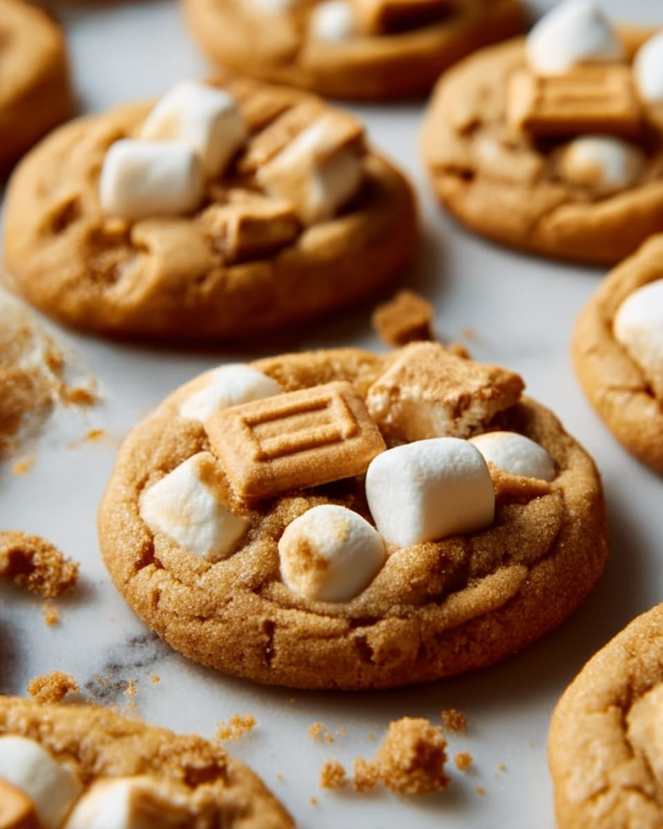 The image shows several soft-looking cookies on a white marbled surface. Each cookie has a golden brown color with a slightly rough texture. They have small white marshmallows and rectangular biscuit pieces on top, giving a layered look of soft dough, shiny marshmallow, and crunchy biscuit. The biscuit pieces are light brown with a smooth texture and placed neatly on each cookie. The marshmallows are round and slightly melted, sitting close to the biscuit pieces. The cookies are spaced evenly, and some crumbs are scattered around them. Photo taken with an iphone --ar 4:5 --v 7