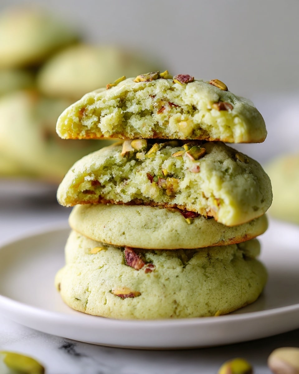 A stack of three soft, light green cookies sits on a white plate on a white marbled surface. The top cookie is broken in half, revealing a moist, crumbly interior filled with small pieces of chopped pistachios. The green dough has a slightly wrinkled texture, and some whole and chopped pistachios are embedded on the cookie tops, adding a rough texture and specks of brown and green. Blurred cookies are in the background, giving depth to the image. Photo taken with an iphone --ar 4:5 --v 7