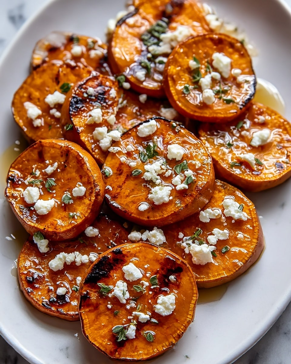 The dish shows several round slices of roasted sweet potato, each about one layer thick with a caramelized, golden-orange surface with some darker grilled spots. They are spread out on a white plate placed on a white marbled texture. The sweet potatoes are sprinkled with small white crumbles of soft cheese and tiny green herb bits scattered over them. A shiny glaze of honey or syrup lightly covers the top of the slices, giving them a glossy look. photo taken with an iphone --ar 4:5 --v 7