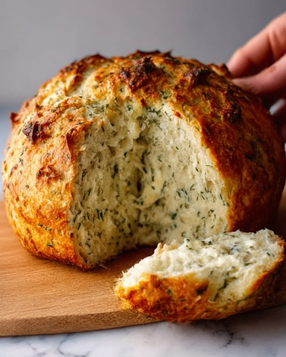 A round, golden-brown bread loaf with a crispy crust sits on a wooden board against a white marbled background. The loaf is split open to show a soft, slightly moist inside with a white and light green mixture of herbs and cheese evenly spread throughout the thick, fluffy layers. The bread’s top has a textured surface with small browned, crunchy bits. A woman's hand is gently pulling a piece away from the loaf, emphasizing the bread’s soft inside and crispy outside contrast. Photo taken with an iphone --ar 4:5 --v 7