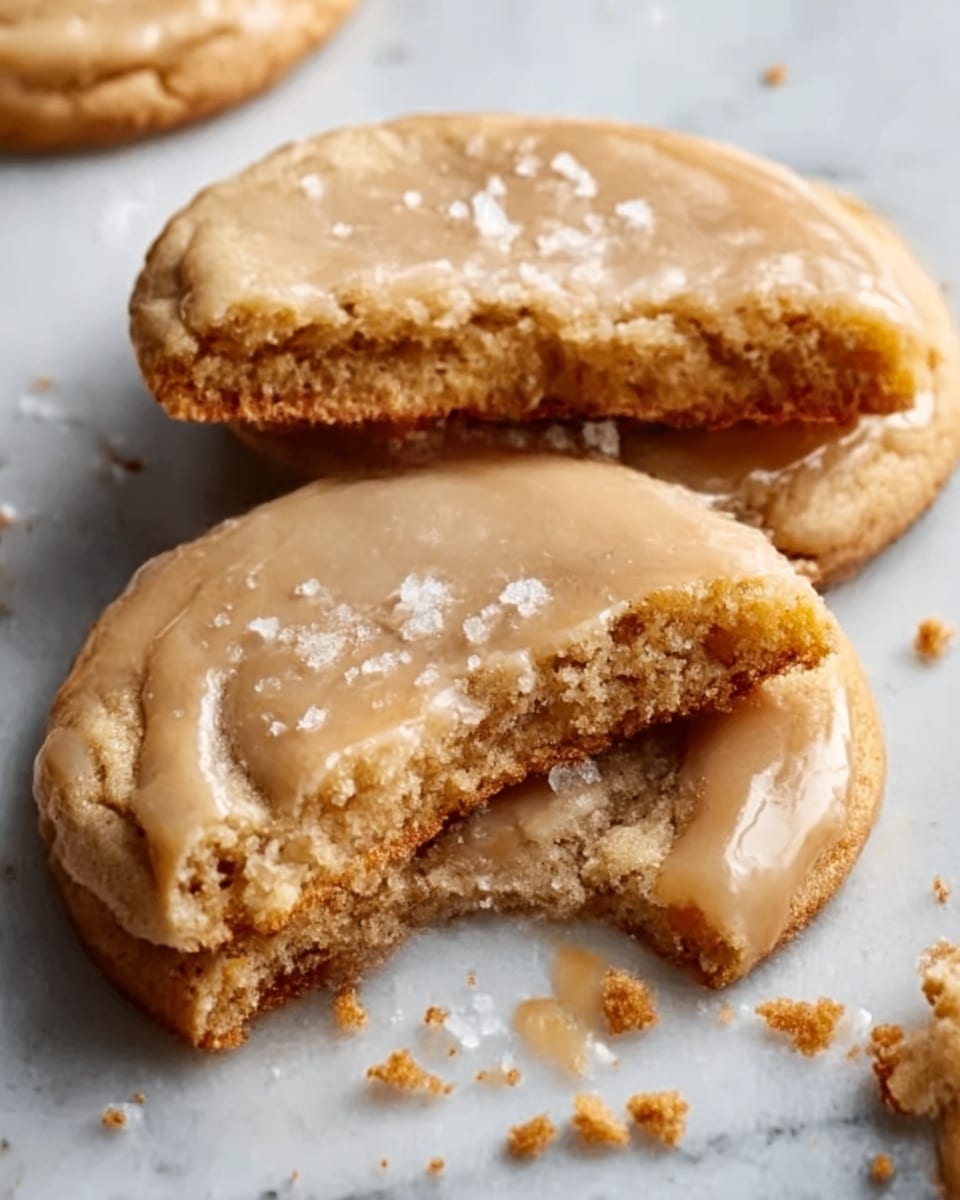 The image shows a close-up of three round brown cookies on a white marbled surface. The top cookie is broken in half, revealing a soft, slightly crumbly inside with a golden-brown texture. The cookies have a shiny, light caramel glaze on top, with some sea salt flakes sprinkled in the center. Crumbs are scattered gently around the cookies, adding texture to the scene. Photo taken with an iphone --ar 4:5 --v 7