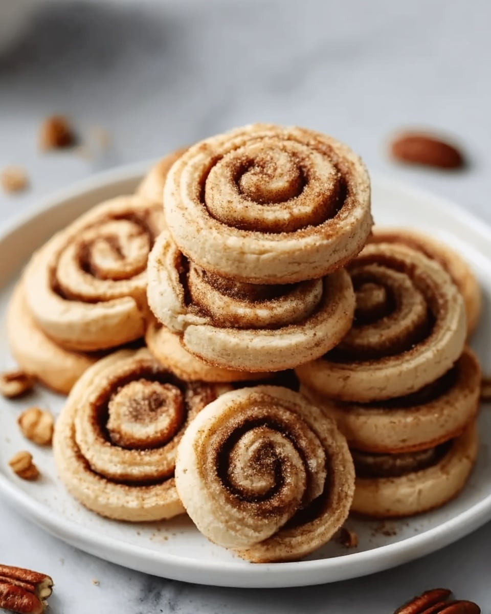 The image shows a stack of cinnamon roll cookies arranged on a white plate sitting on a white marbled surface. Each cinnamon roll has several spiral layers of dough with a cinnamon brown filling visible in the swirls, and the outer dough layers are a light golden brown color with a slightly textured, baked appearance. The cinnamon rolls are stacked unevenly, creating depth and making the texture of each spiral clear. There are some small crumbs and a few pecans scattered around the plate, adding natural detail. Photo taken with an iphone --ar 4:5 --v 7