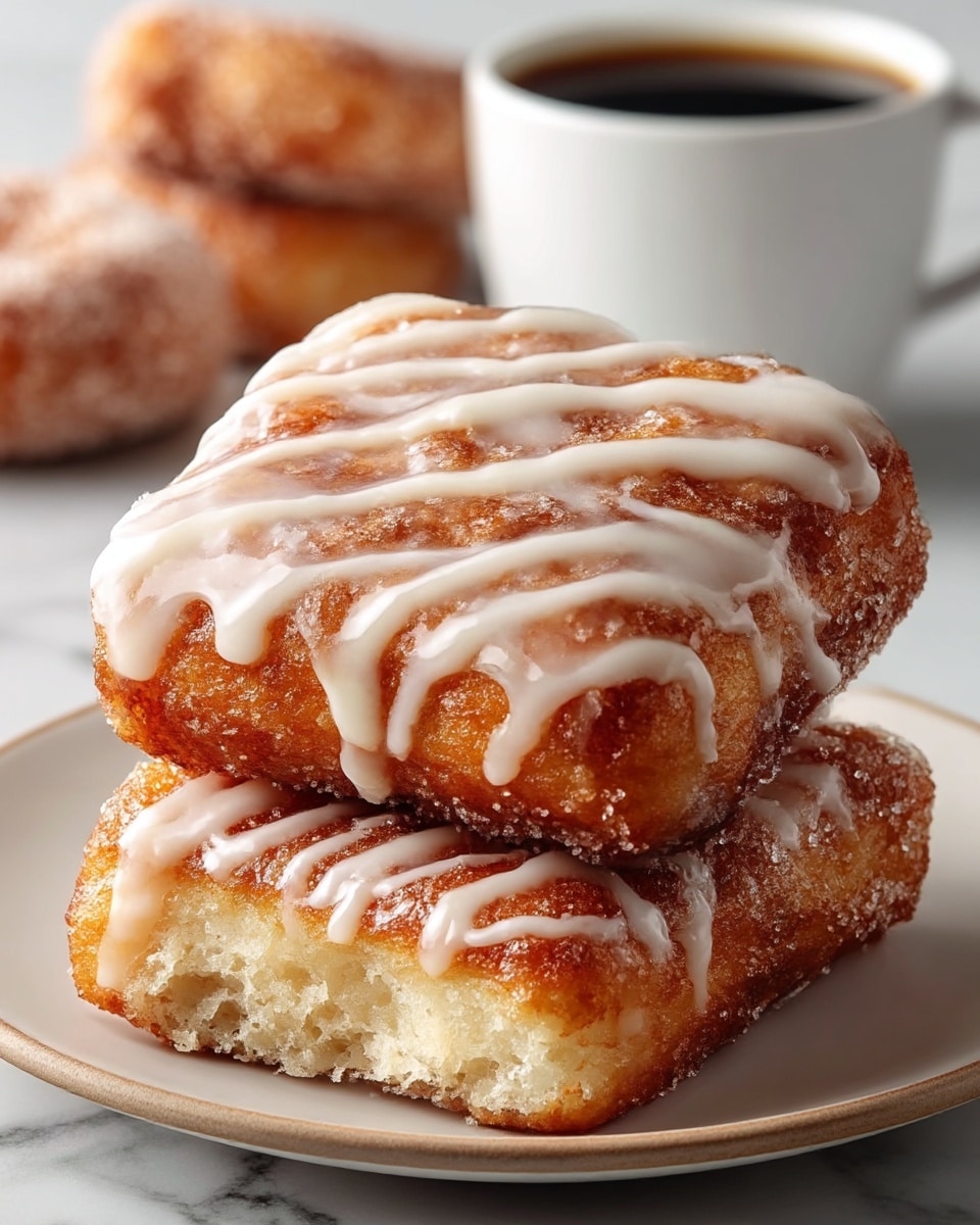 A plate holds two square doughnuts stacked on top of each other with a third doughnut partially visible in the background. The doughnuts have a golden-brown, crispy outer layer with a soft, fluffy inside visible on the sides. The top doughnut is covered with a shiny white glaze drizzled in stripes across its surface, while the doughnut behind it is coated with granulated sugar, giving it a grainy texture. A white cup filled with black coffee sits blurred in the background, and the entire scene is set on a white marbled surface. photo taken with an iphone --ar 4:5 --v 7
