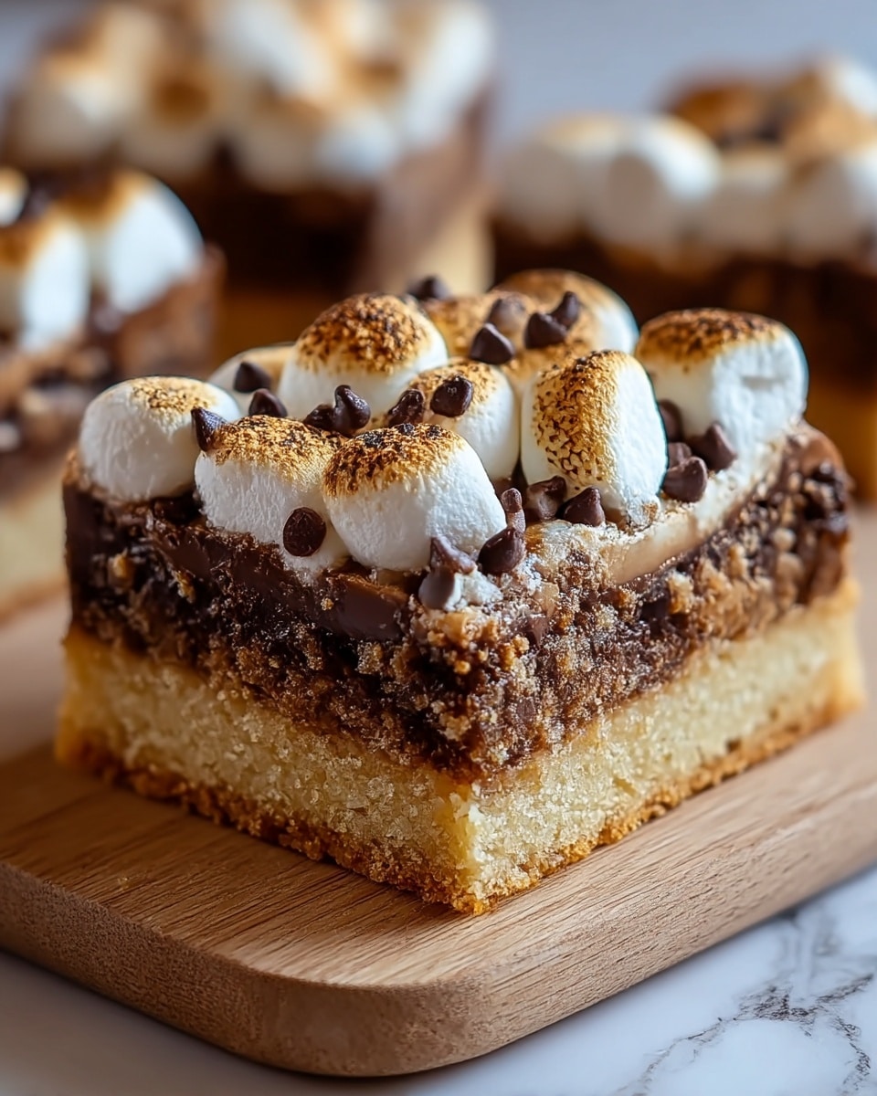 A close-up image of a square bar dessert with three clear layers resting on a wooden board against a white marbled background. The bottom layer is a light golden, crumbly cookie base. The middle layer is thick, dark brown chocolate mixed with small bits giving it a rough texture. The top layer consists of toasted mini marshmallows, browned unevenly with some parts white and fluffy, covered with tiny dark chocolate chips scattered all over. The layers are distinct, and the overall look is rich and inviting, with a gooey chocolate and marshmallow contrast. Photo taken with an iphone --ar 4:5 --v 7