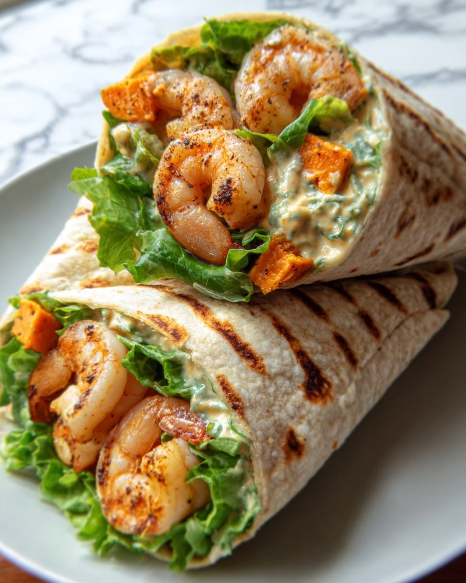A close-up of two shrimp wraps cut in half and stacked on a white plate. Each wrap is made with a soft, light brown flatbread folded around fresh green lettuce as the base layer. On top of the lettuce, there are plump, grilled shrimp with a slight char, showing a light pink and white color with golden-brown grill marks. Bright orange roasted carrot pieces are mixed in with the shrimp, adding a pop of color. A creamy, light-colored sauce with fresh herb specks coats the shrimp and vegetables, visible inside the wrap. The plate sits on a white marbled surface. photo taken with an iphone --ar 4:5 --v 7