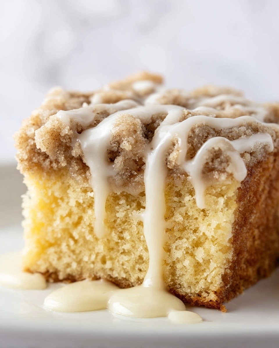 A close-up view of a piece of crumb cake showing two main layers: a soft, light golden-yellow cake base with a slightly crumbly texture, and a top layer of light brown, coarse streusel crumbs. The cake is topped with a smooth white glaze that drips down the sides in thick lines, creating a shiny, slightly creamy look as it pools slightly on the white plate beneath. The background has a soft white marbled texture. photo taken with an iphone --ar 4:5 --v 7