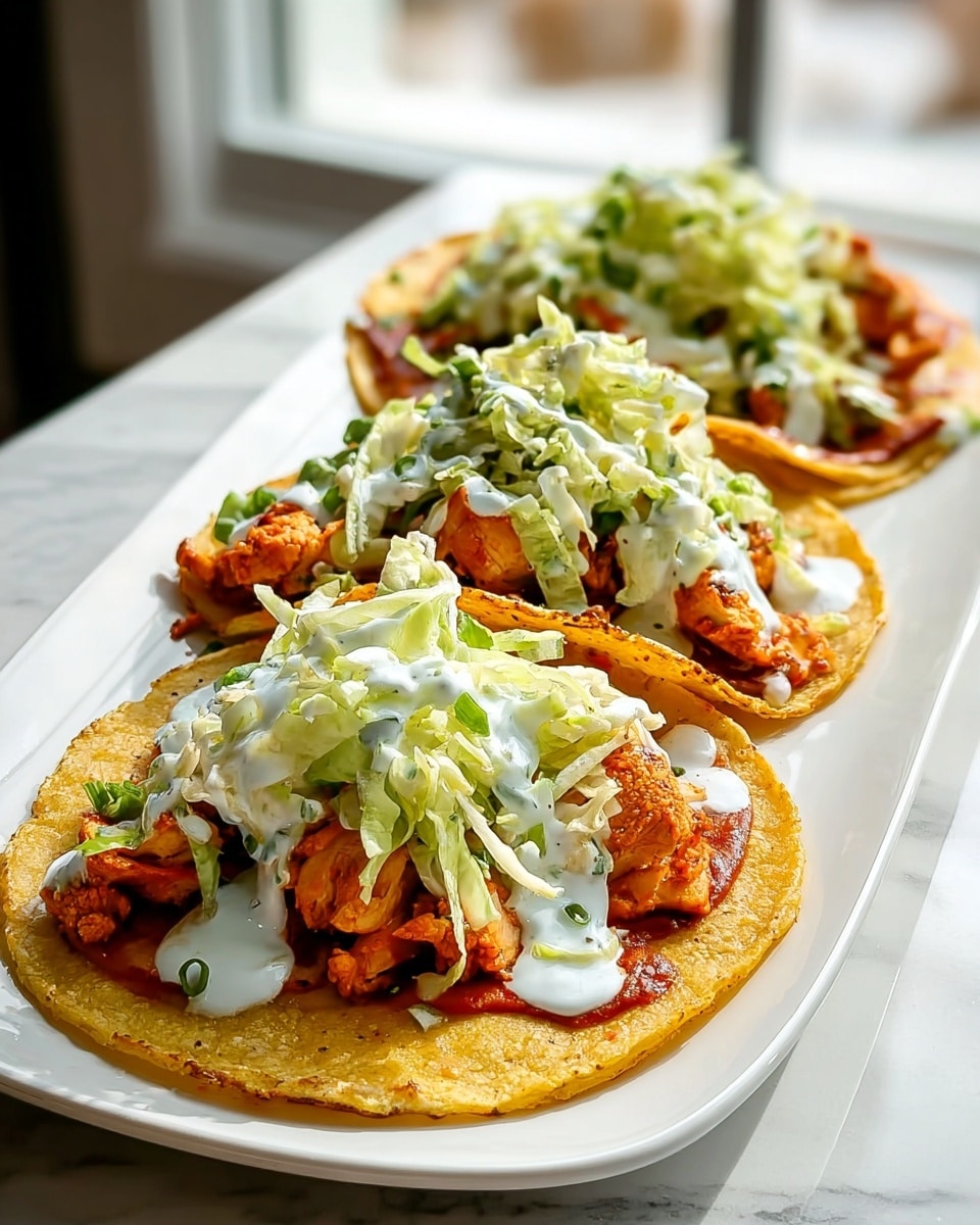Three tacos are placed side by side on a long white plate set on a white marbled surface. Each taco has a golden-yellow, slightly crispy corn tortilla as the base. The first layer inside the tortilla is a spread of reddish sauce, followed by pieces of grilled orange-brown chicken. On top of the chicken is a fresh green shredded lettuce mix with small bits of green herbs. The final layer is a light drizzle of white creamy sauce evenly spread over the lettuce. The scene is brightly lit from natural light coming through a window in the background. Photo taken with an iphone --ar 4:5 --v 7